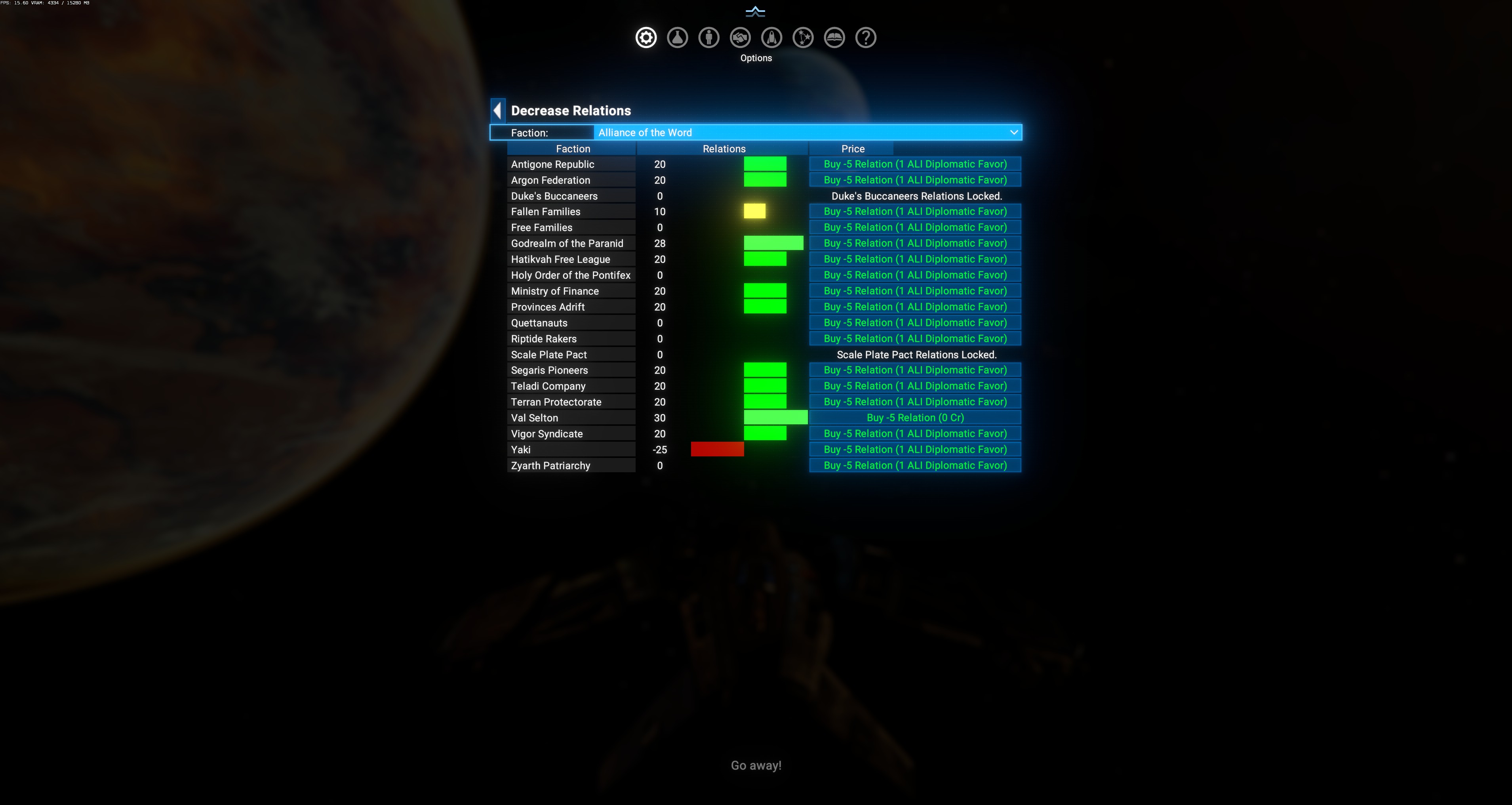 Decrease Relations submenu — same layout as Increase, Buy -5 Relation buttons
