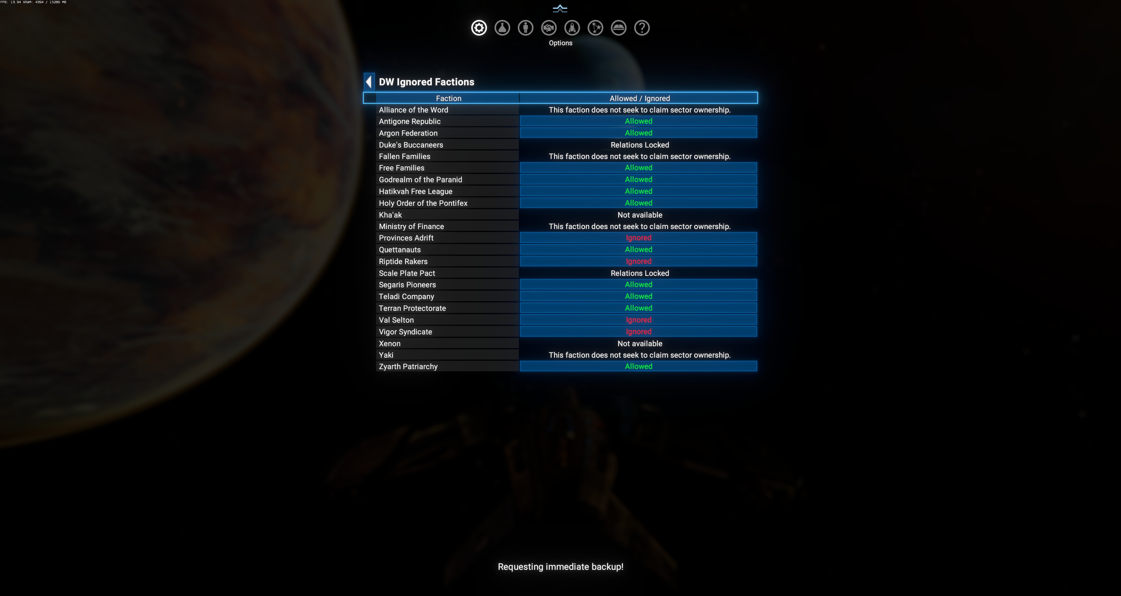 DW Ignored Factions submenu — Allowed / Ignored per faction with informational rows