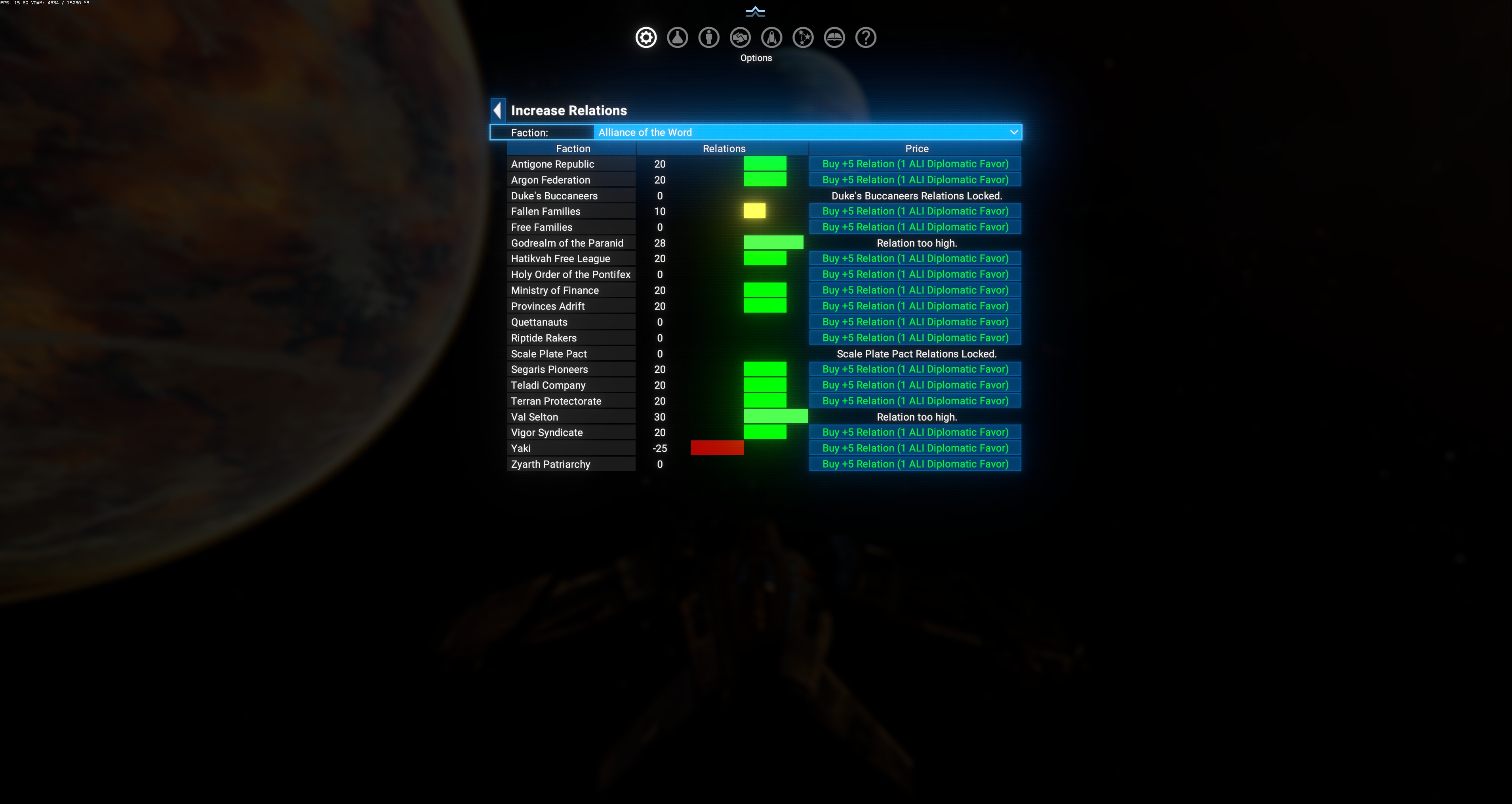 Increase Relations submenu — Alliance of the Word as source, list of target factions with Buy +5 buttons
