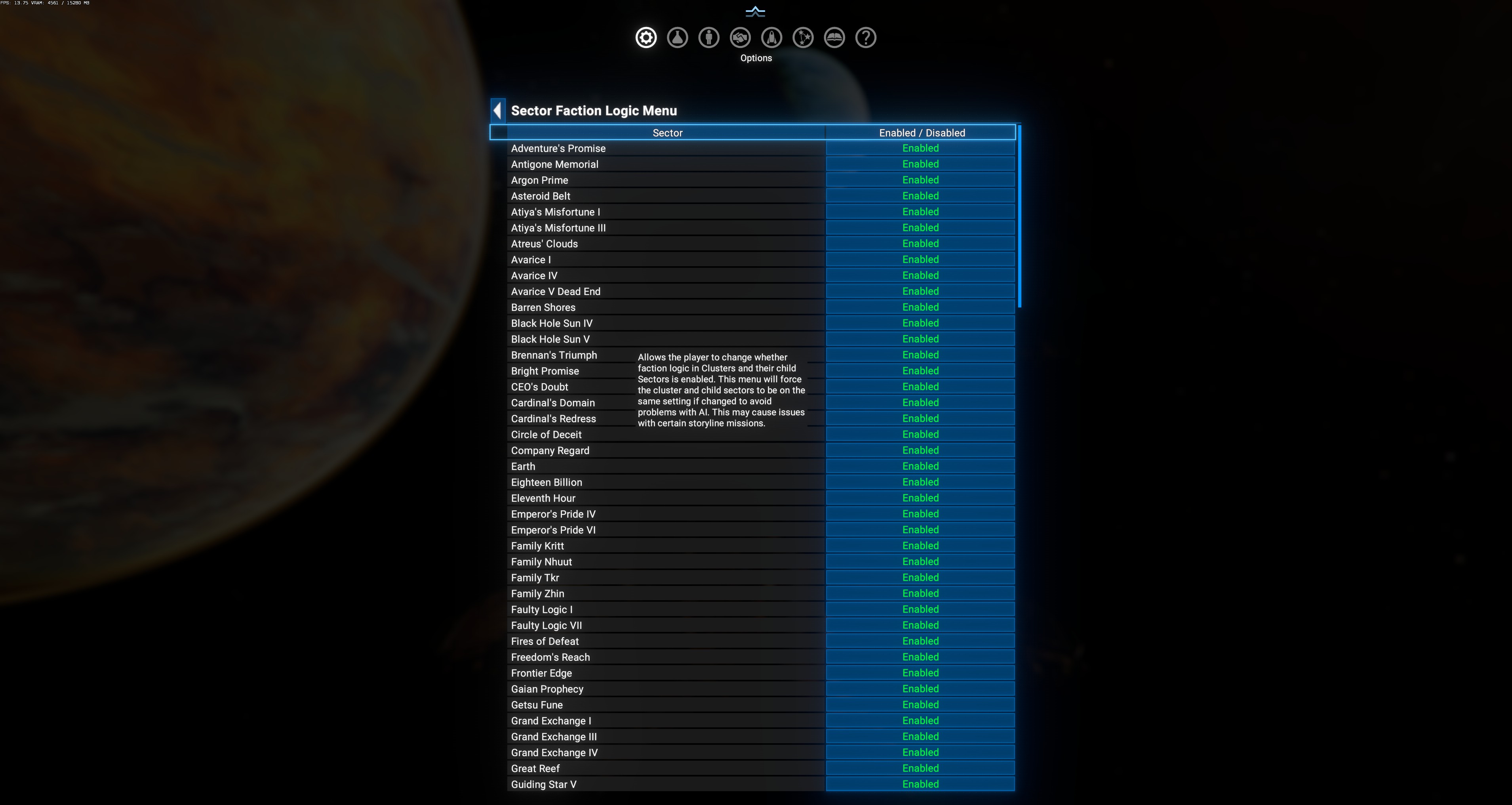 Sector Faction Logic Menu — long list of sectors with Enabled/Disabled toggles + tooltip