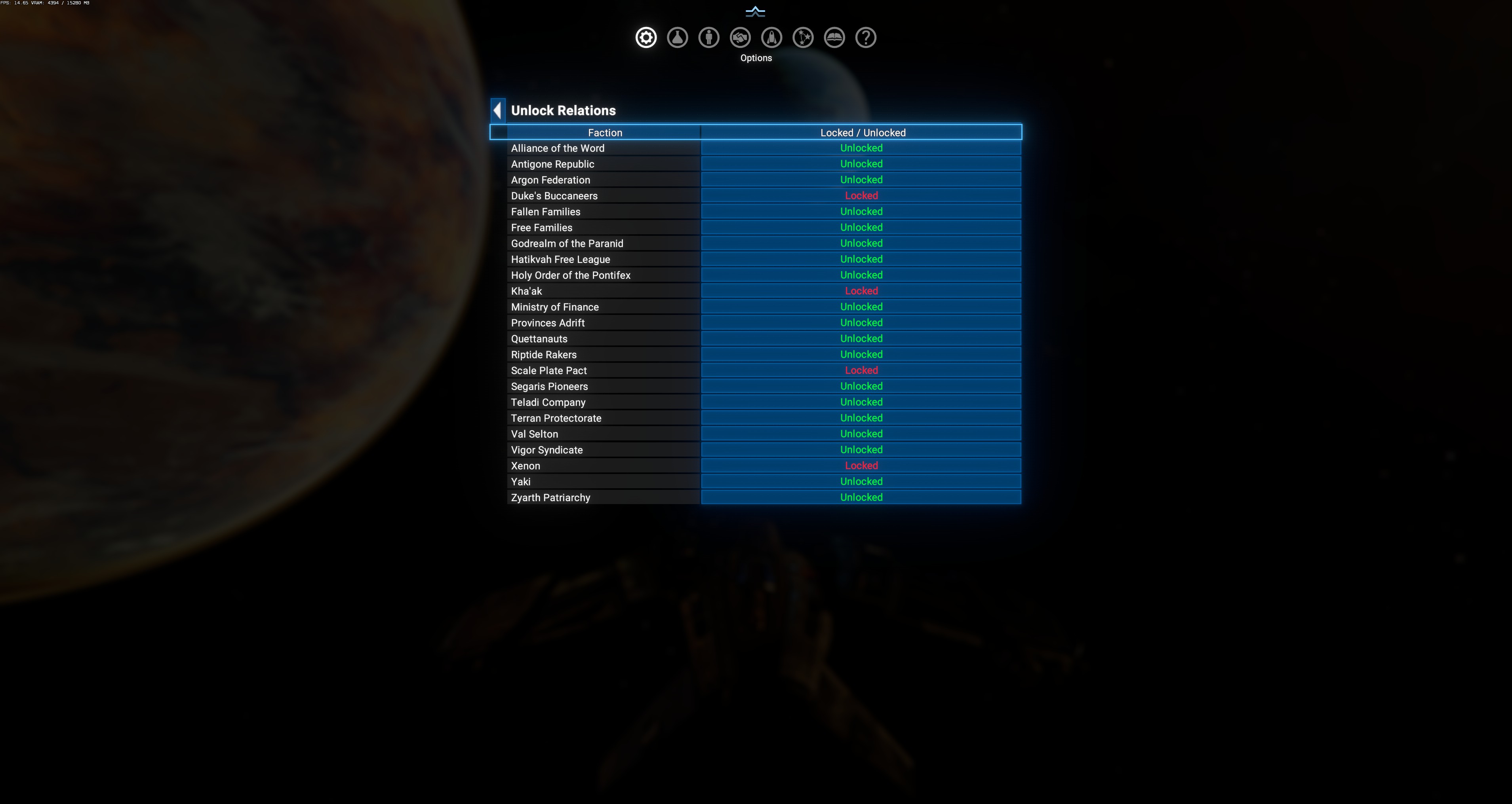 Unlock Relations submenu — faction list with Locked/Unlocked column