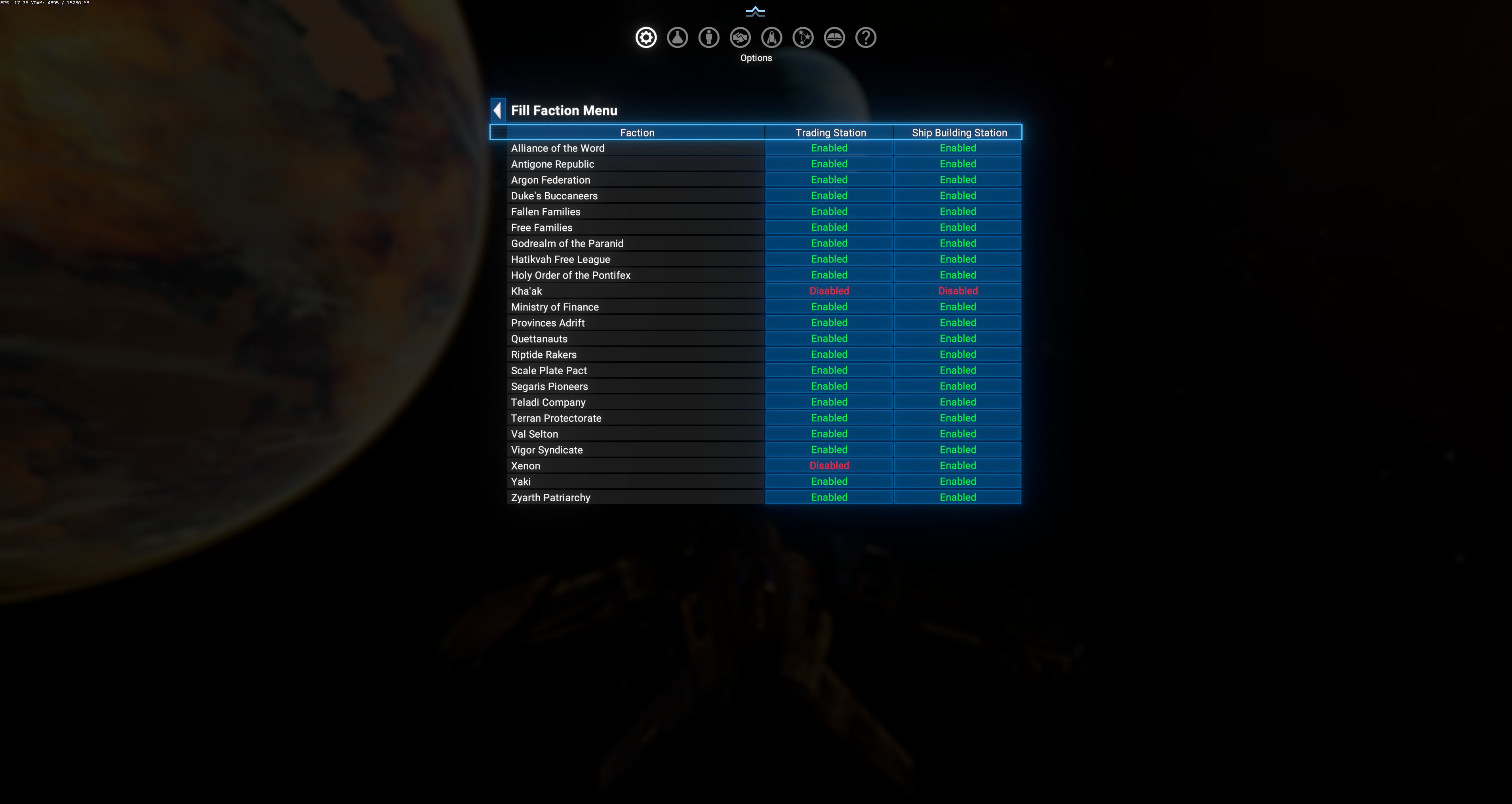 Fill Faction Menu — 22 factions with Trading Station + Ship Building Station toggle columns