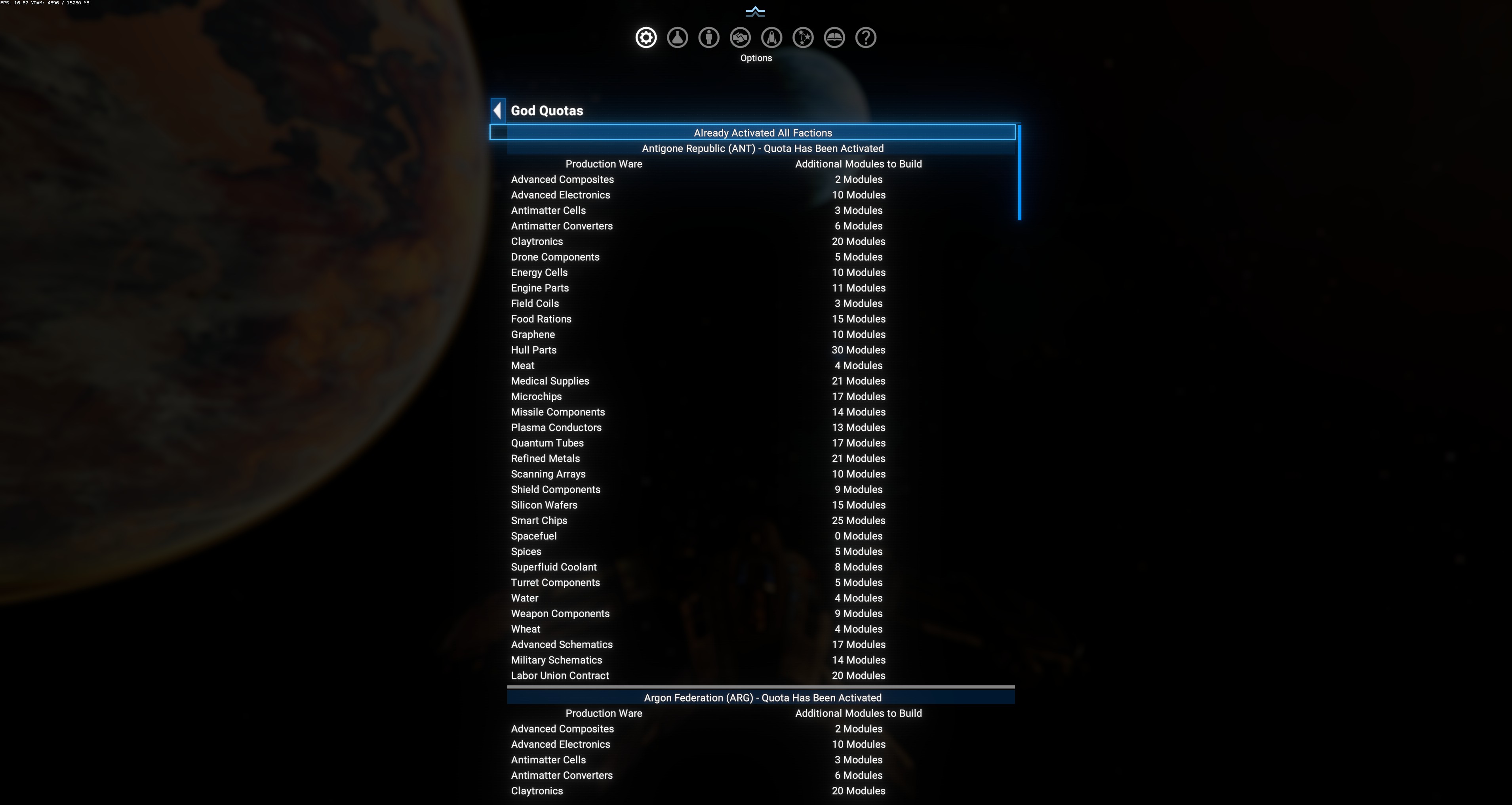 God Quotas — Antigone Republic panel with all 33 wares listed + start of Argon Federation panel