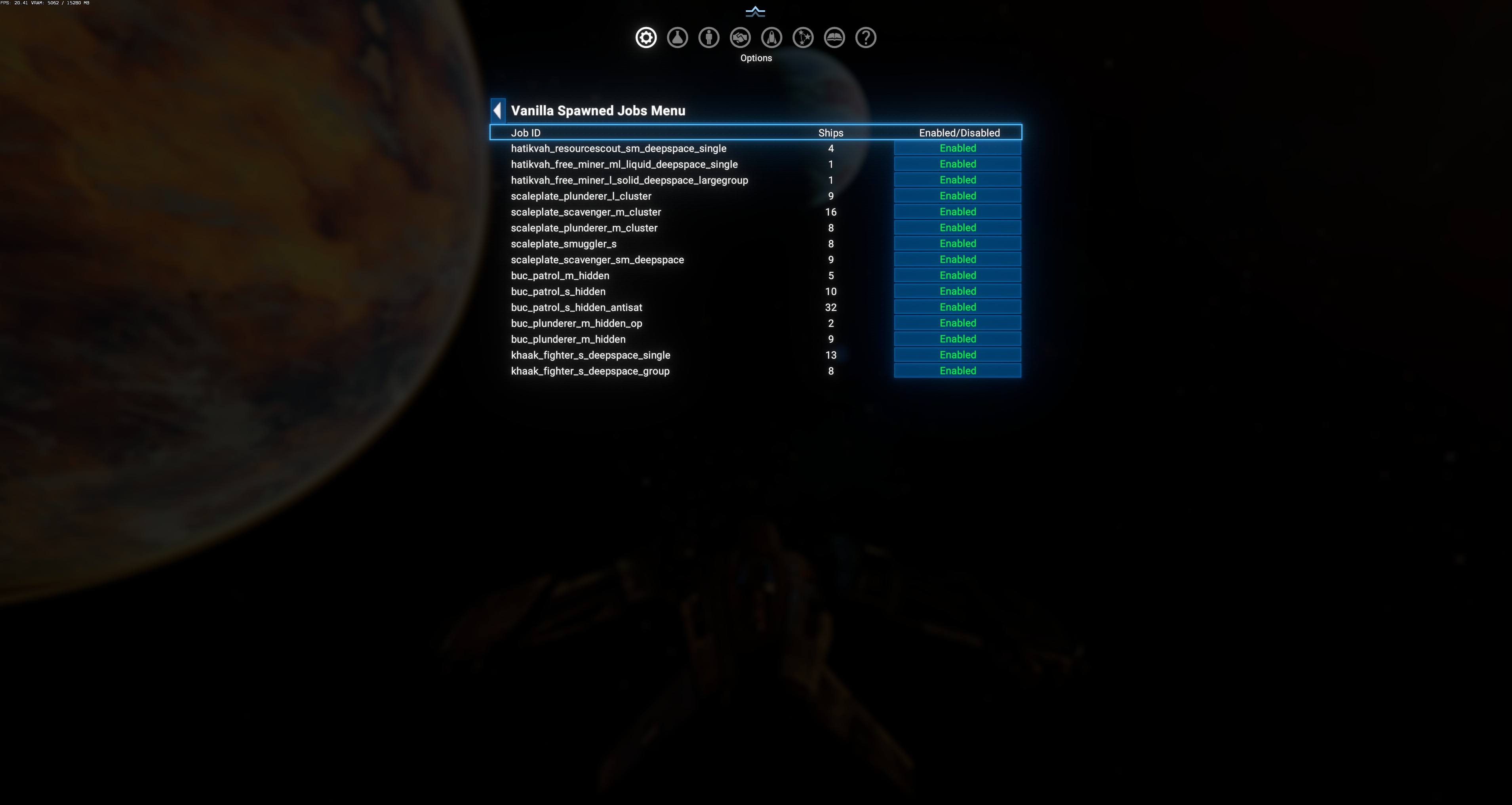 Vanilla Spawned Jobs Menu — 15 visible rows of the 22-entry whitelist