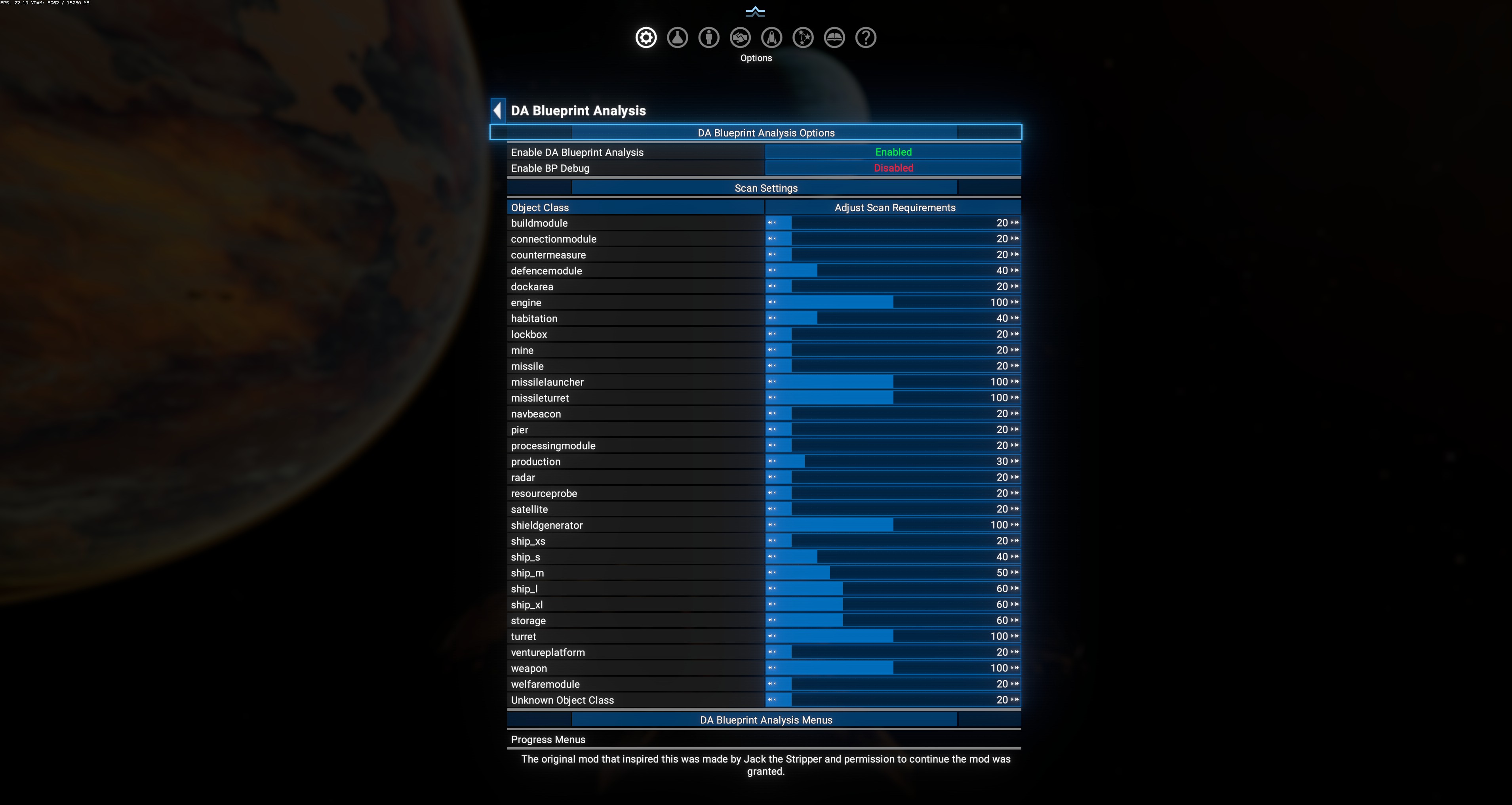 DA Blueprint Analysis main menu — 2 options + Scan Settings 34-class table + Progress Menus link