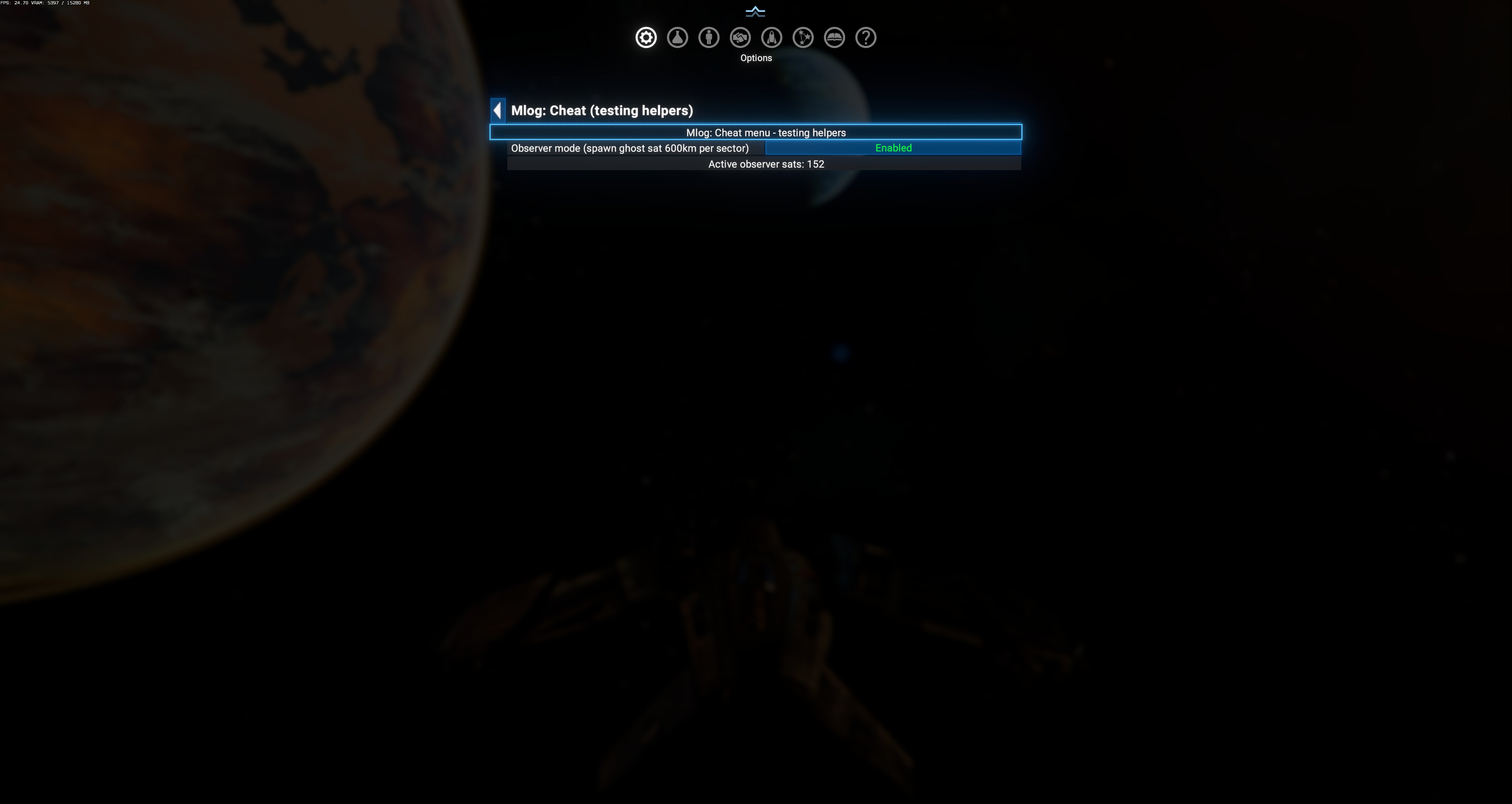 Mlog Cheat menu — Observer mode toggle + live sat counter