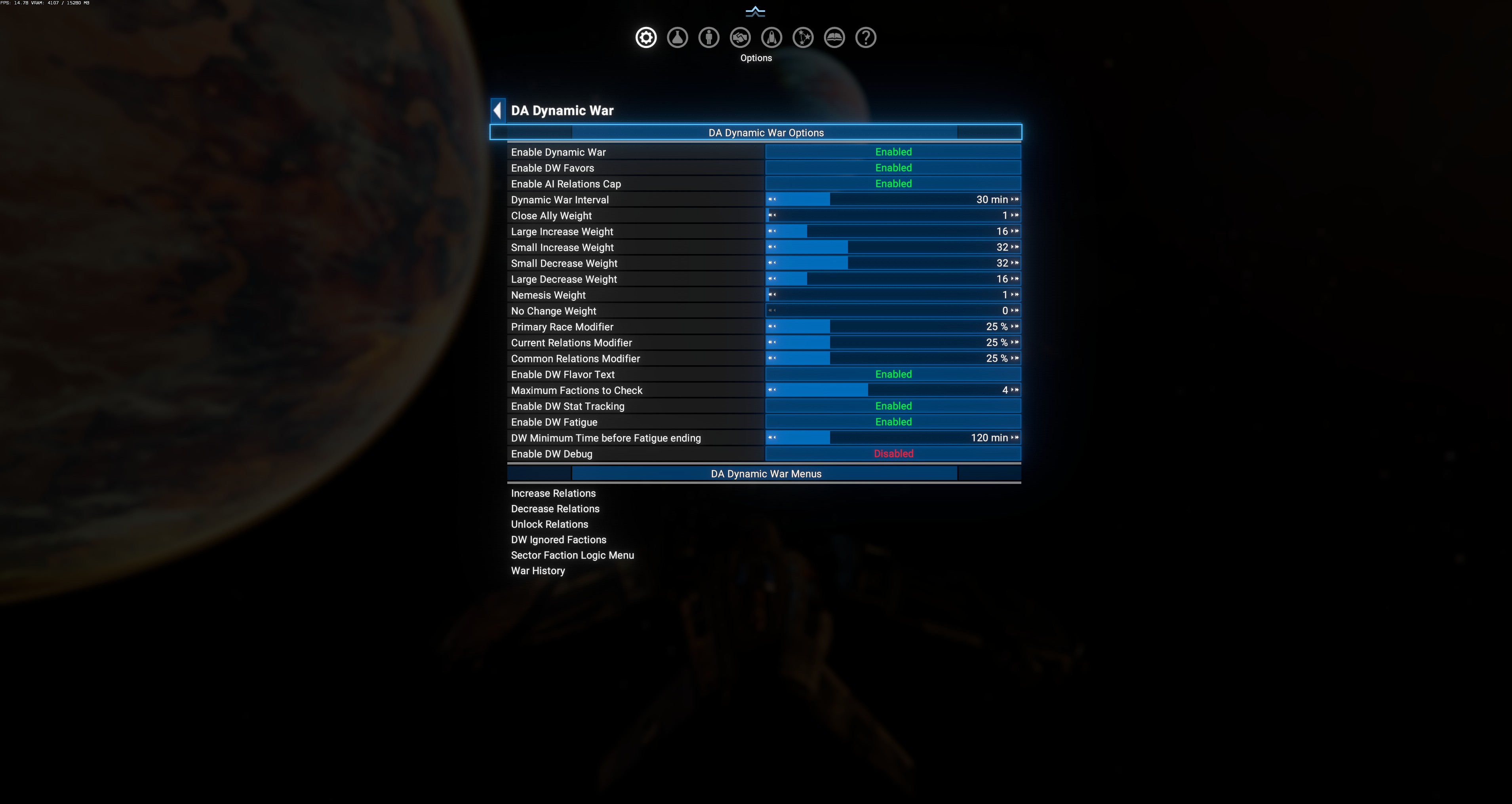 DA Dynamic War — full option list + sub-menu list
