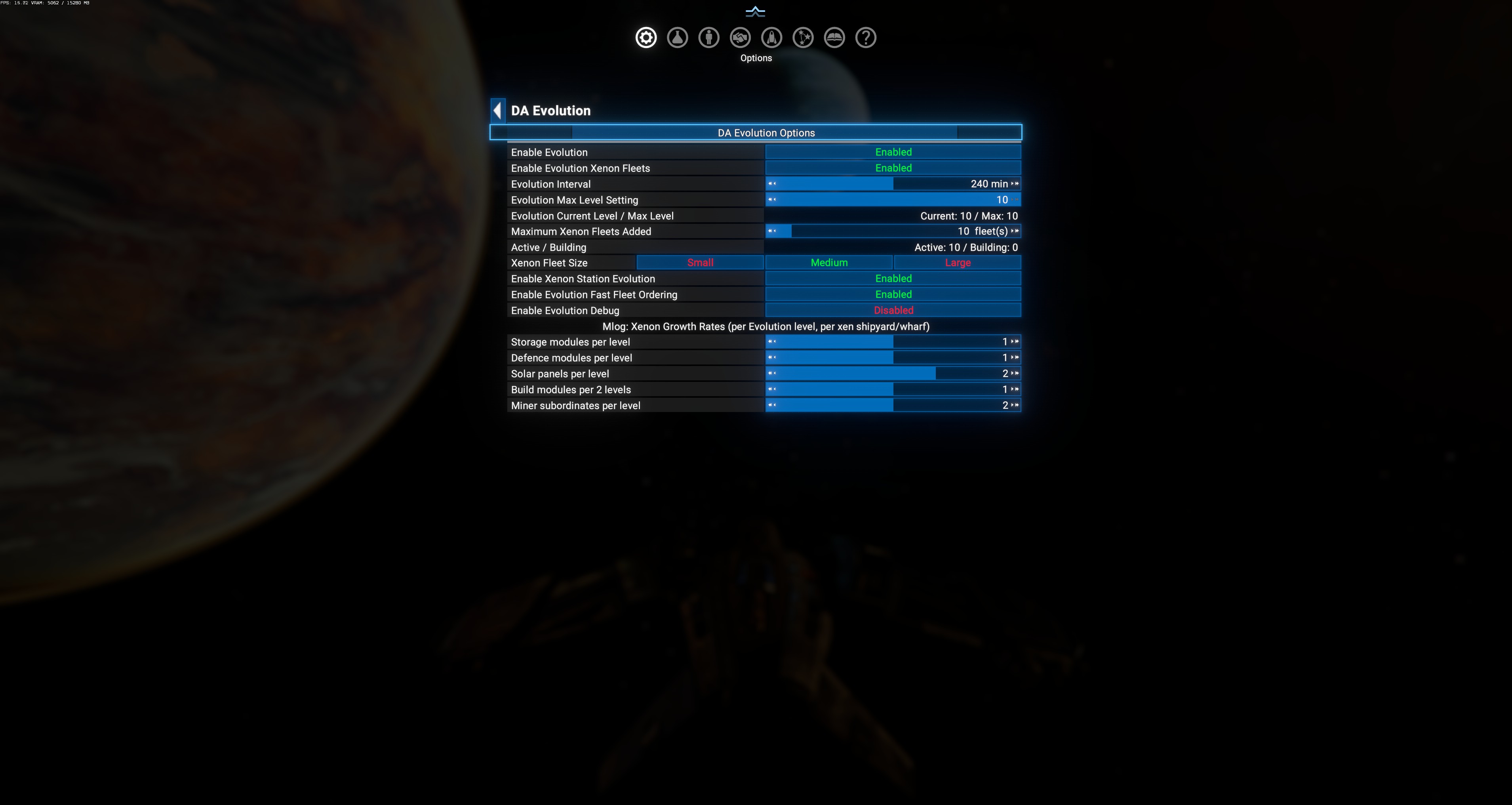 DA Evolution — Options section on top + Mlog Xenon Growth Rates section below