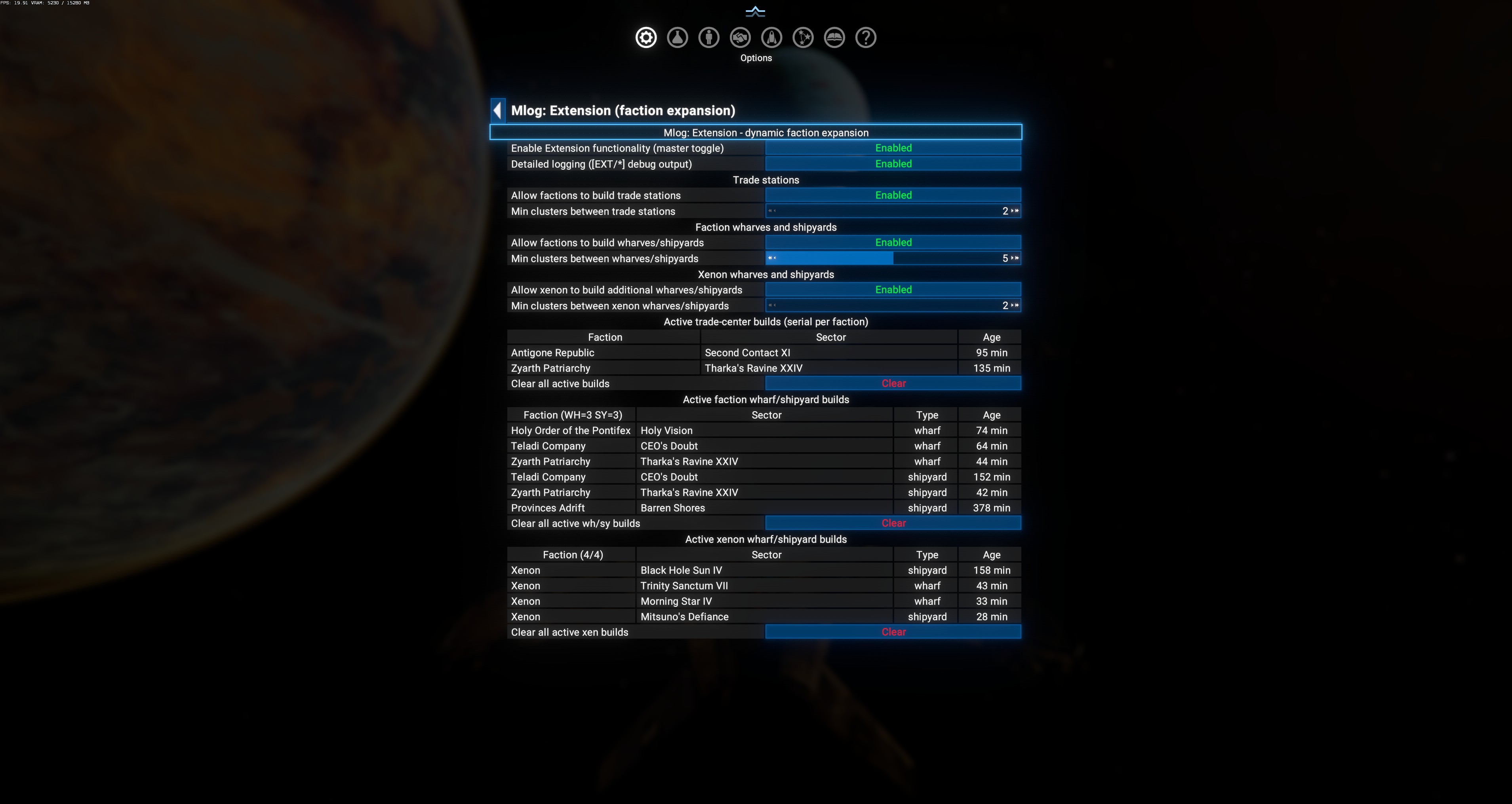 Mlog Extension menu — 3 build-target option sections + 3 live active-builds tables