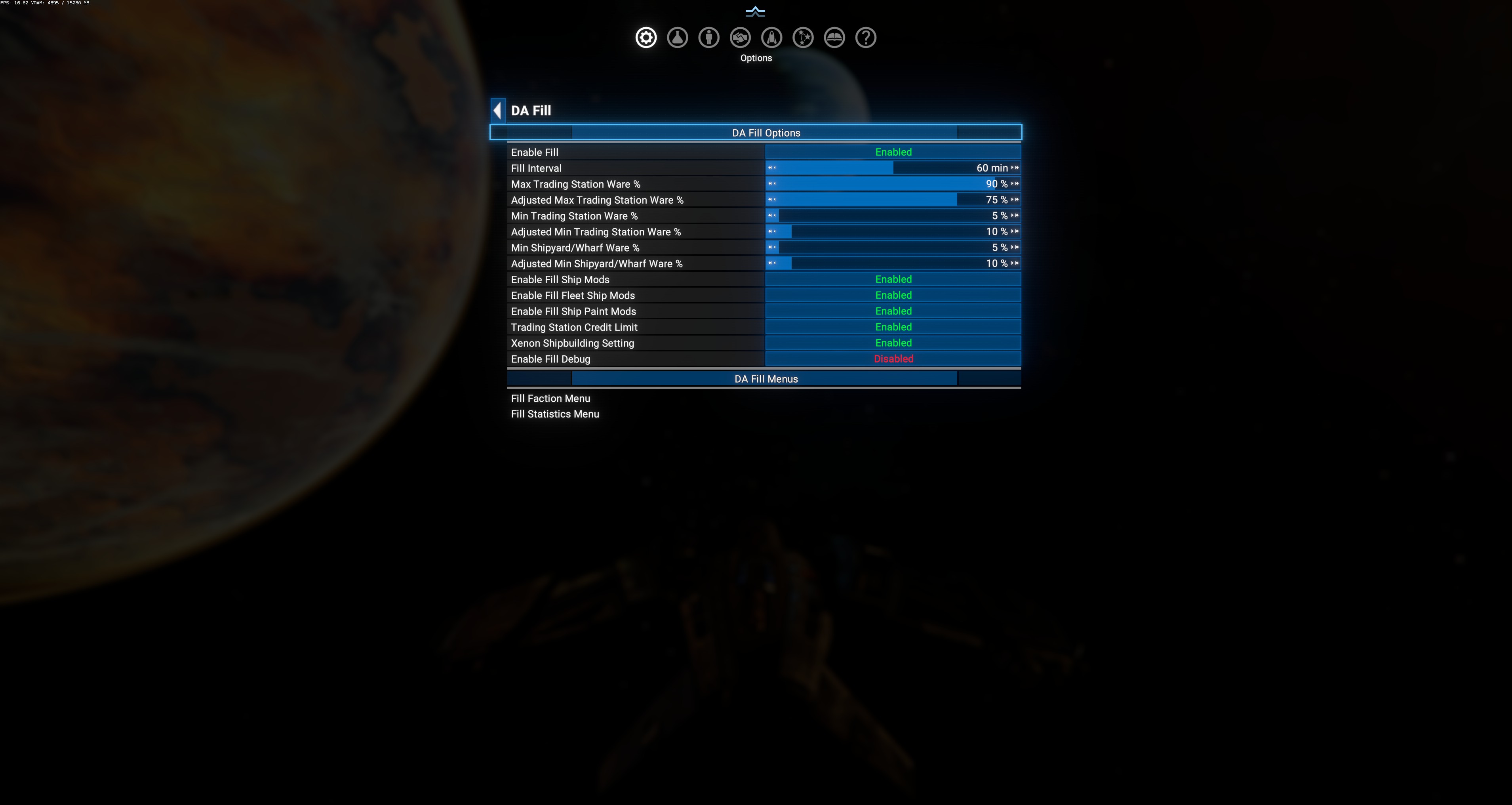 DA Fill main menu — 15 options + 2 sub-menu links