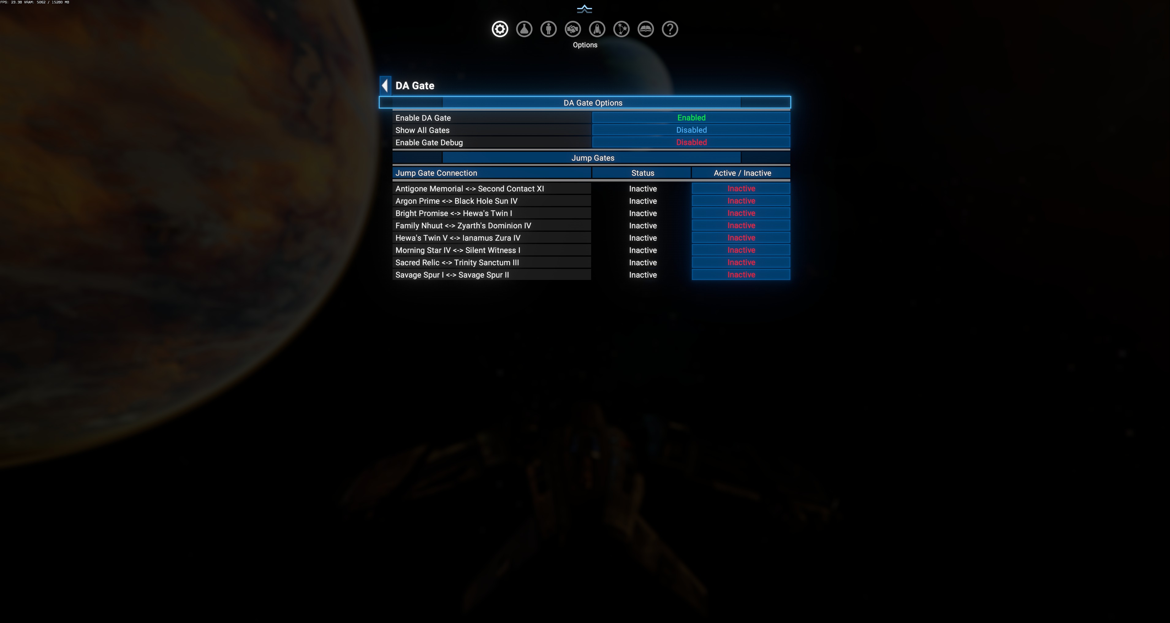 DA Gate main menu — 3 options + 8 Jump Gate connection rows