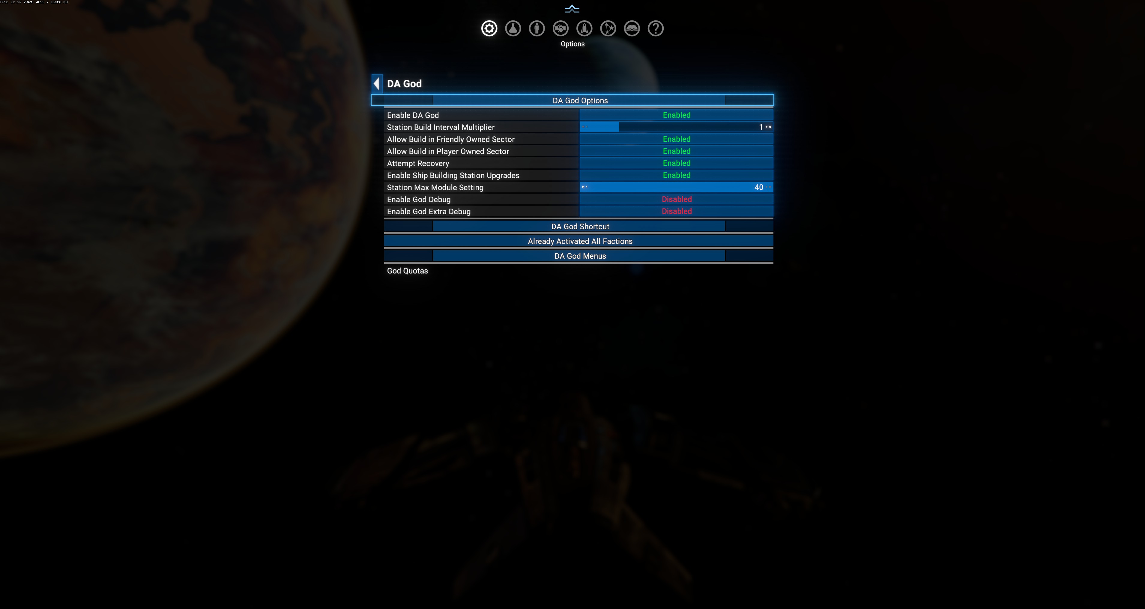 DA God main menu — 9 options + Shortcut section + God Quotas sub-menu link