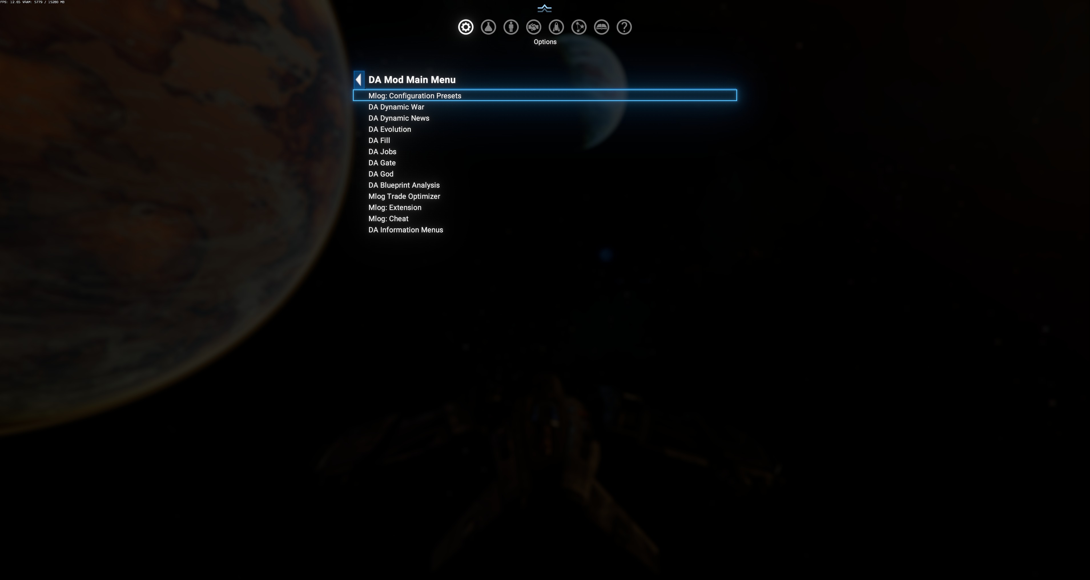 DA Mod Main Menu — top-level list