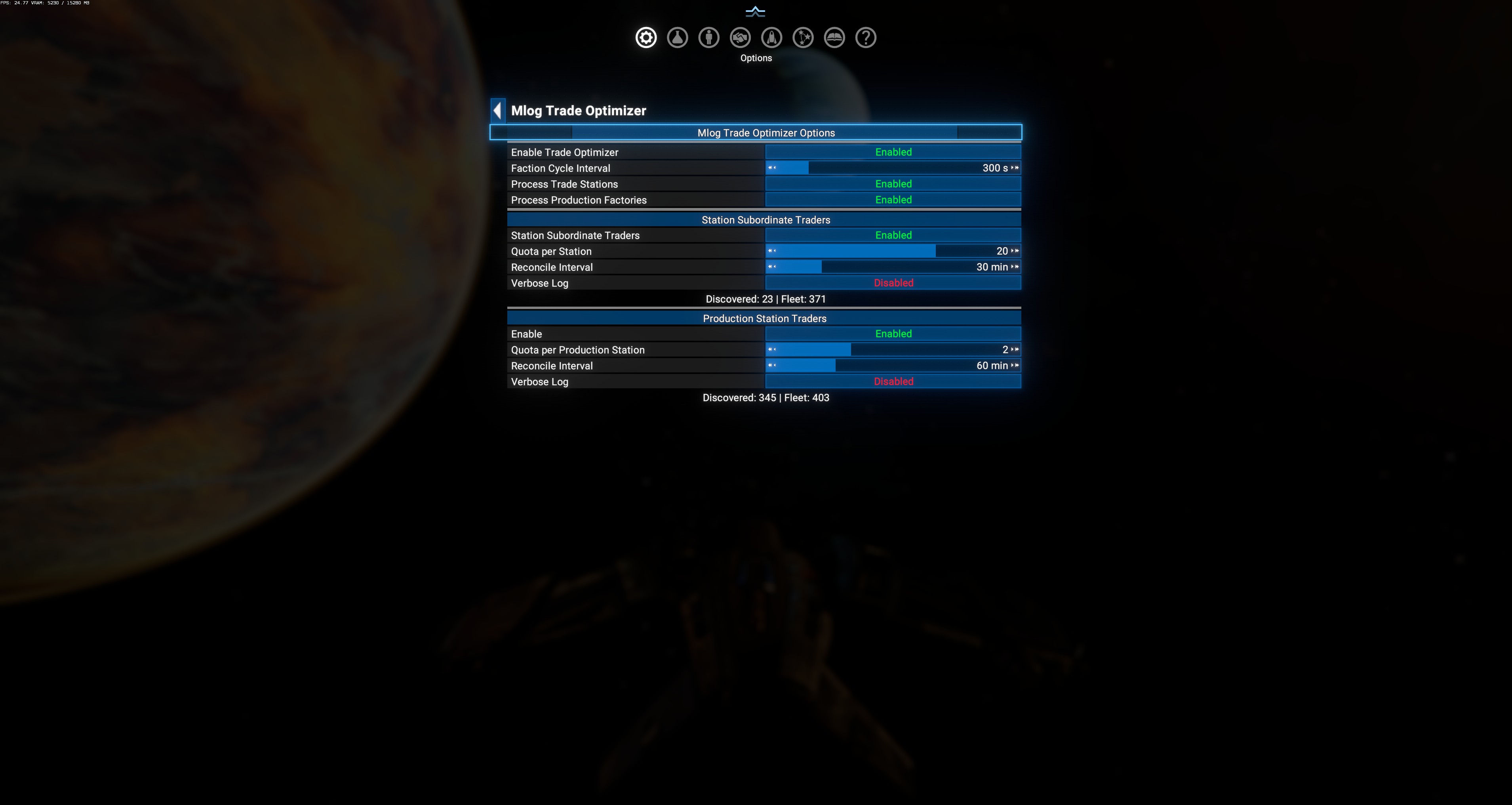 Mlog Trade Optimizer main menu — 3 sections (Trade Optimizer + ST + PST) with live Discovered/Fleet counters