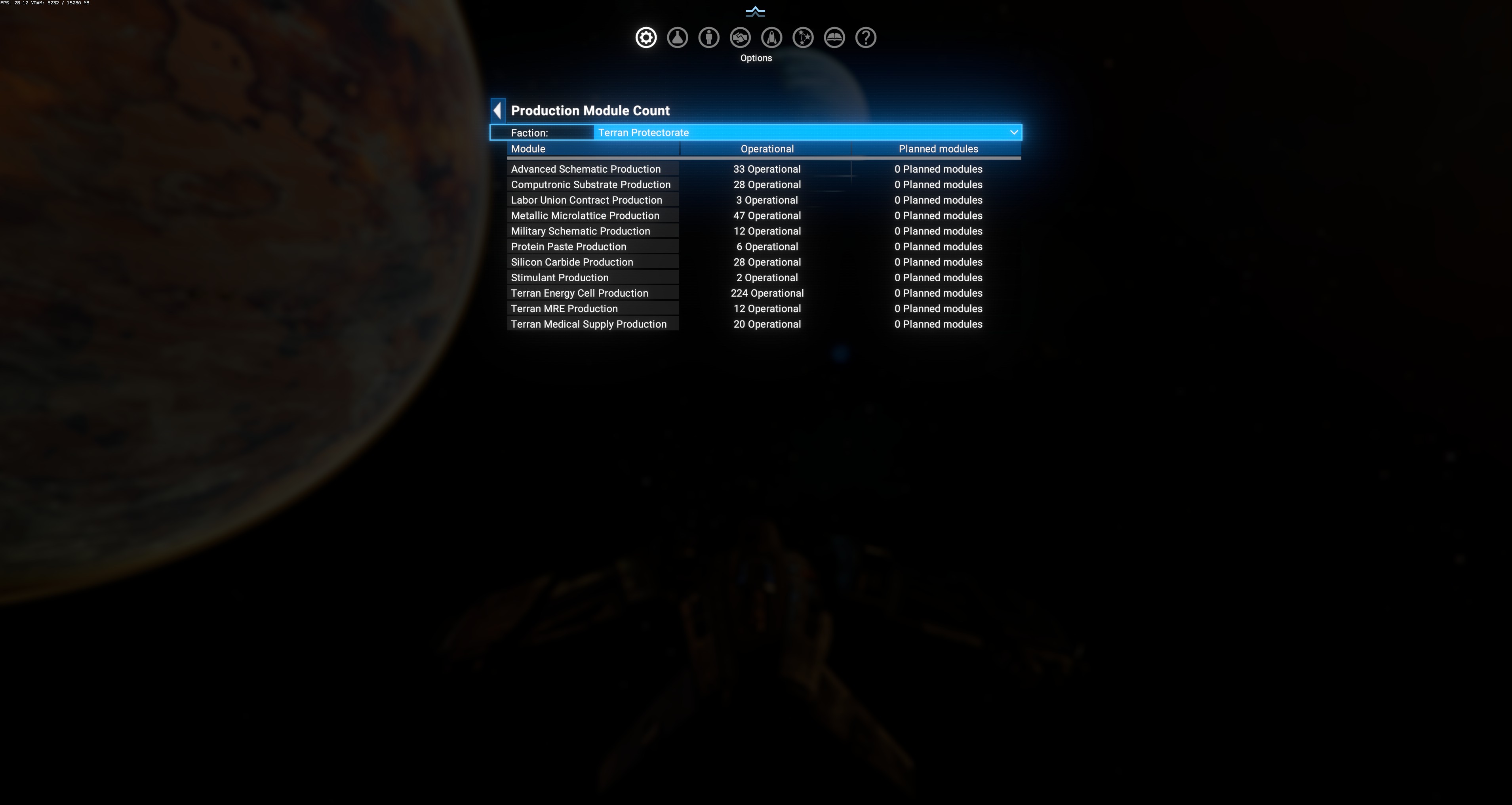 Production Module Count — Terran Protectorate selected, 11 module types listed