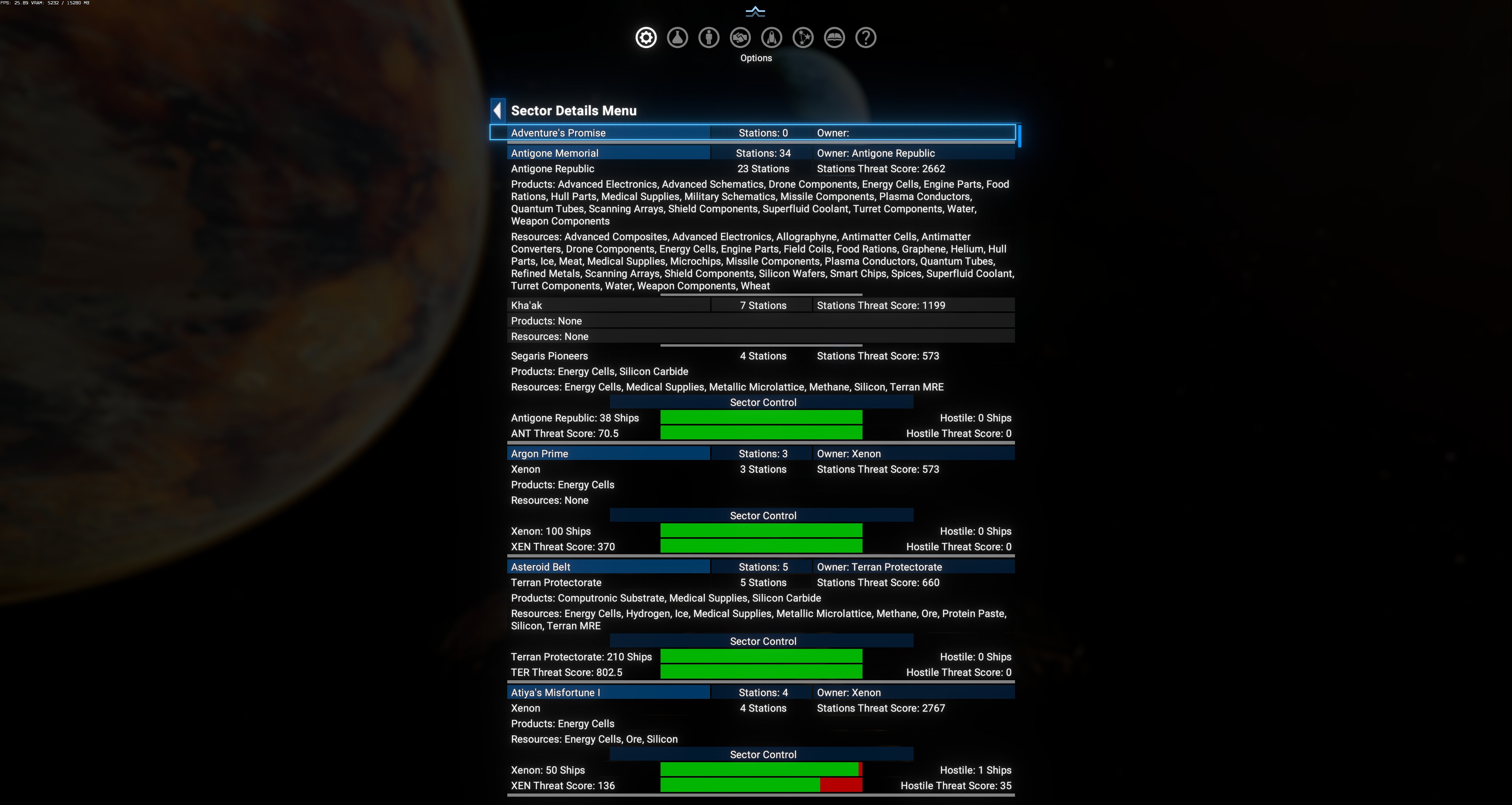 Sector Details Menu — Adventure's Promise (empty), Antigone Memorial (Antigone-owned), Argon Prime (Xenon-owned), Asteroid Belt (Terran) sections visible