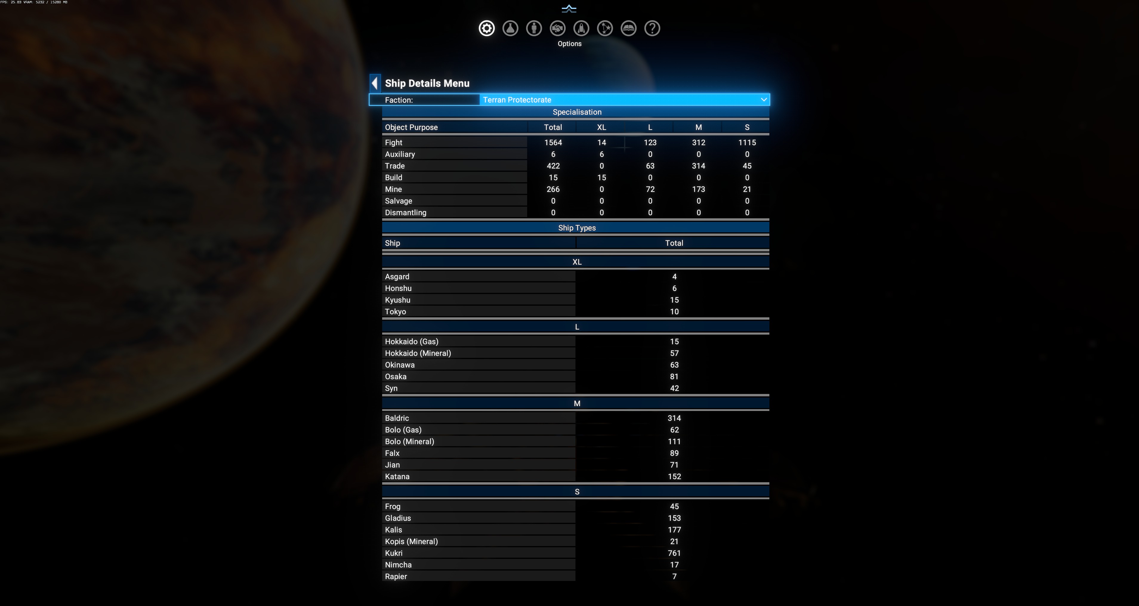 Ship Details Menu — Terran Protectorate selected, Specialisation matrix + XL/L/M/S ship type breakdowns visible