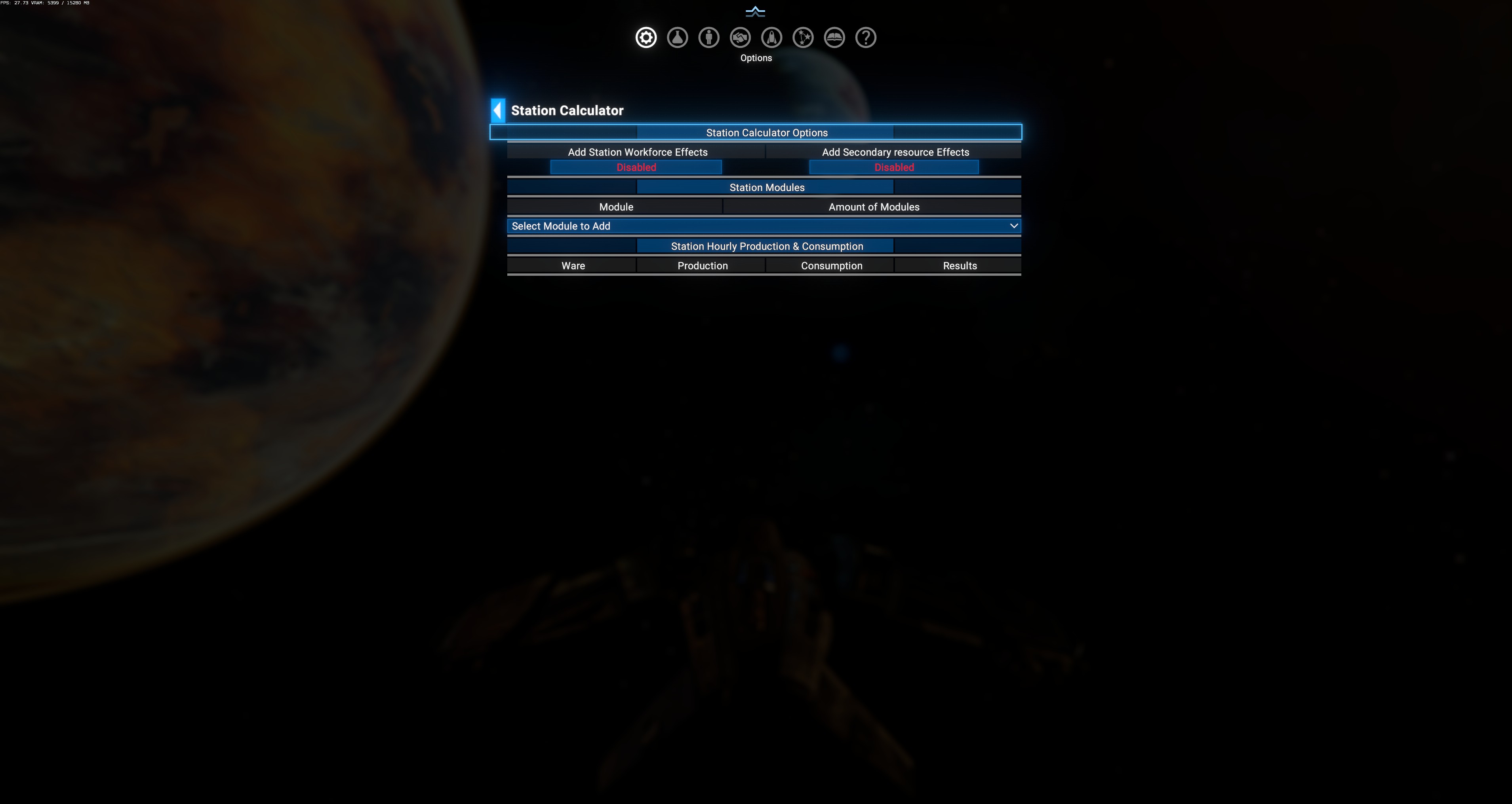 Station Calculator — Options + Station Modules + Station Hourly Production & Consumption sections (empty until modules added)