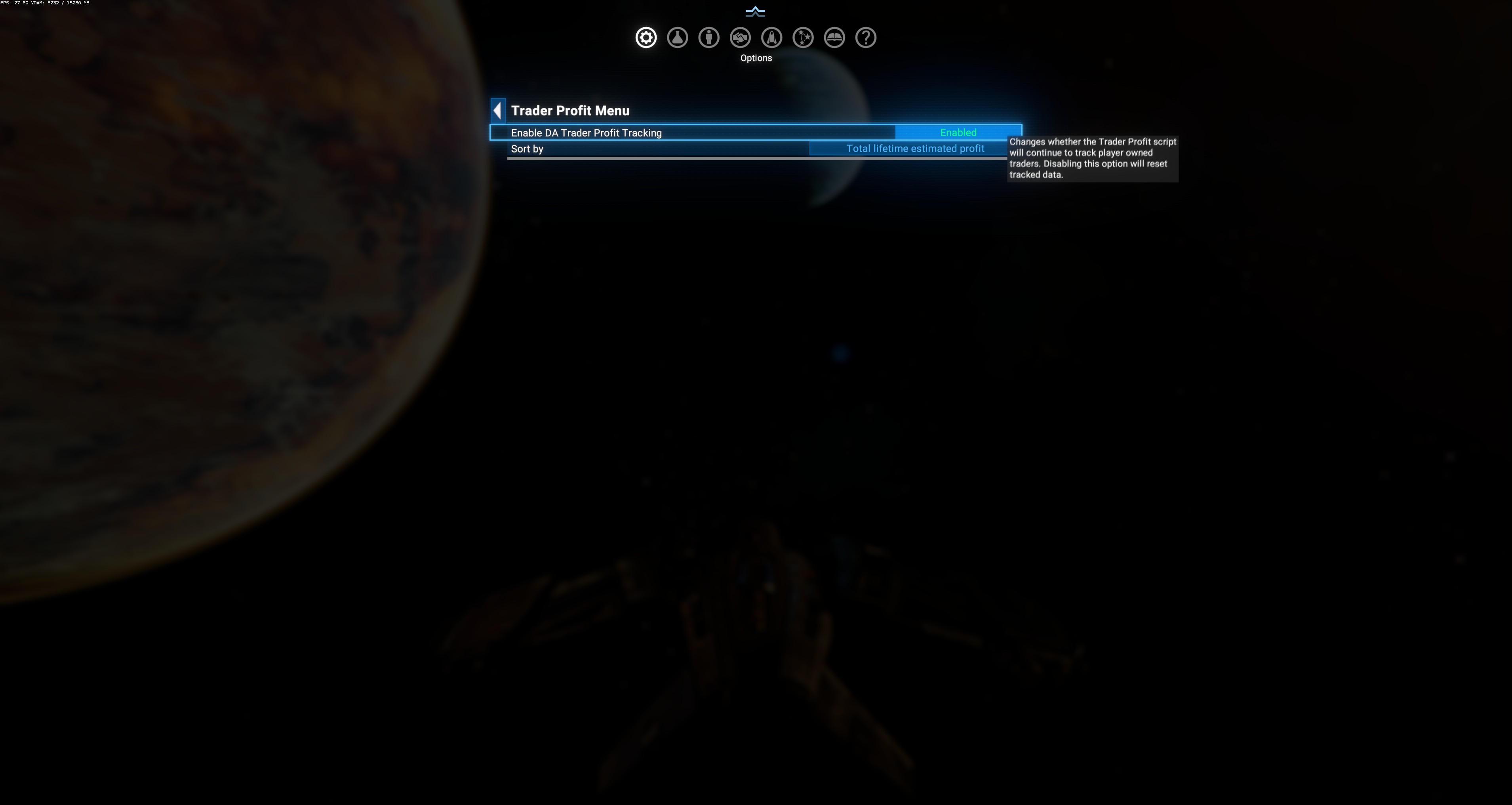 Trader Profit Menu — Enable DA Trader Profit Tracking + Sort by dropdown, with tooltip visible