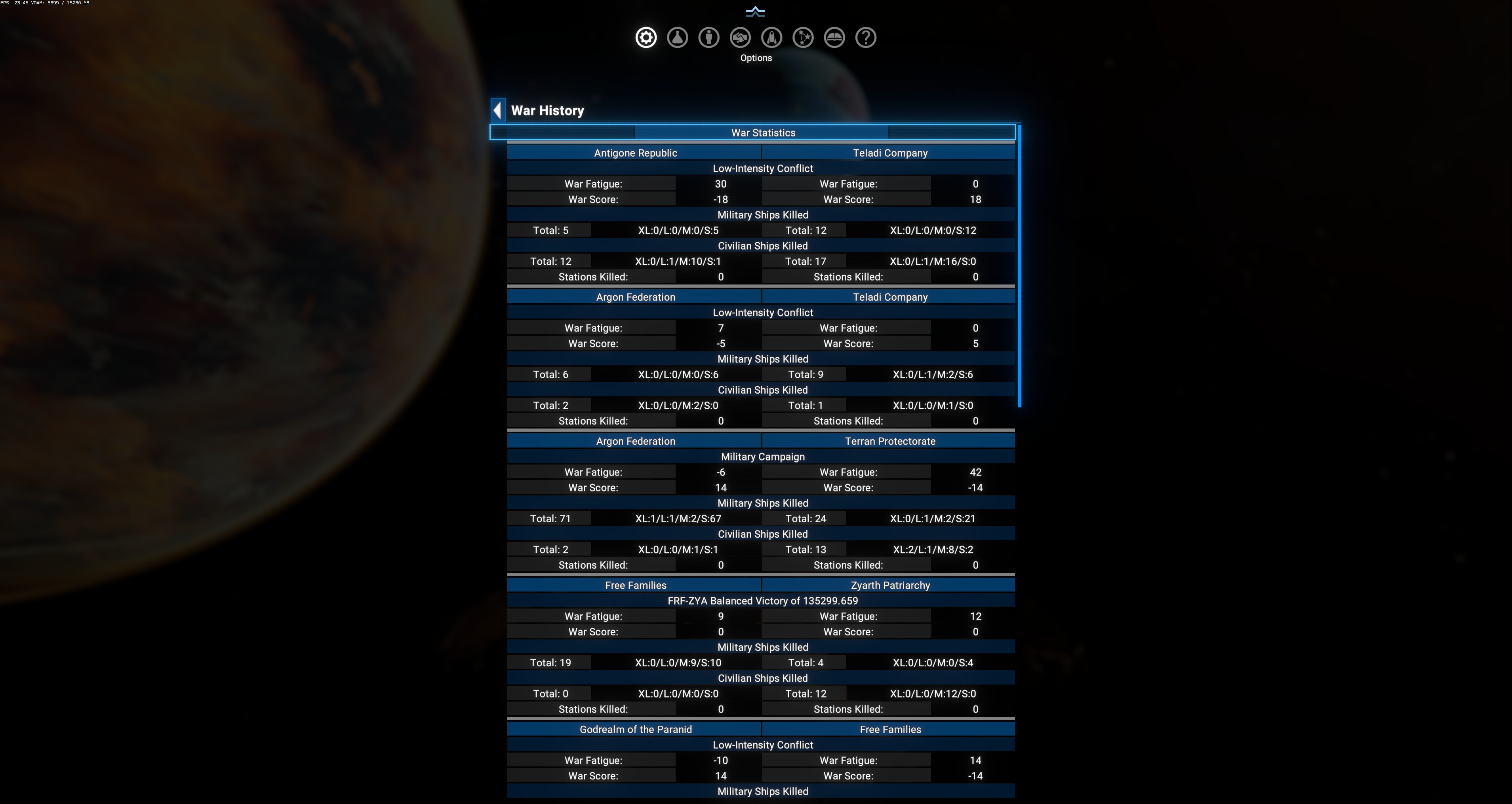 War History — 4 conflicts visible (ANT-TEL, ARG-TEL, ARG-TER, FRF-ZYA) with all stats + start of GDPAR-FRF