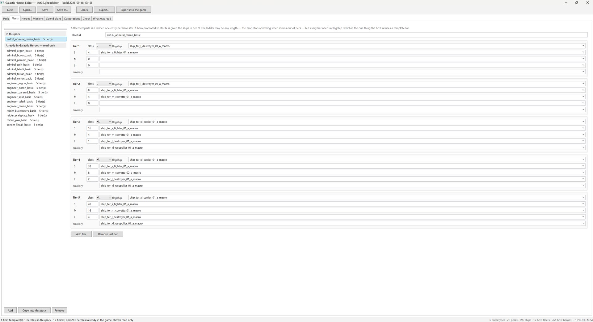 Galactic Heroes Editor, Fleets tab. A left-hand list is in two groups: "In this pack" holding ewt32_admiral_terran_basic with 5 tiers, and "Already in Galactic Heroes - read only" holding seventeen host templates from admiral_argon_basic to seeder_khaak_basic, each with 5 tiers. Buttons underneath read Add, "Copy into this pack" and Remove. The right-hand pane explains that a fleet template is a ladder, one entry per hero star, and shows the fleet id followed by five tier cards. Tier 1: class L, flagship ship_ter_l_destroyer_01_a_macro, 4 S escorts of ship_ter_s_fighter_01_a_macro, 0 M, 0 L, no auxiliary. Tier 2 adds 8 S and 4 M corvettes. Tier 3 moves to class XL with ship_ter_xl_carrier_01_a_macro, 16 S, 4 M, 1 L and a ship_ter_xl_resupplier_01_a_macro auxiliary. Tier 4 has 32 S, 8 M and 2 L. Tier 5 has 48 S, 16 M and 4 L on the same XL carrier. Below the last tier, buttons read "Add tier" and "Remove last tier"