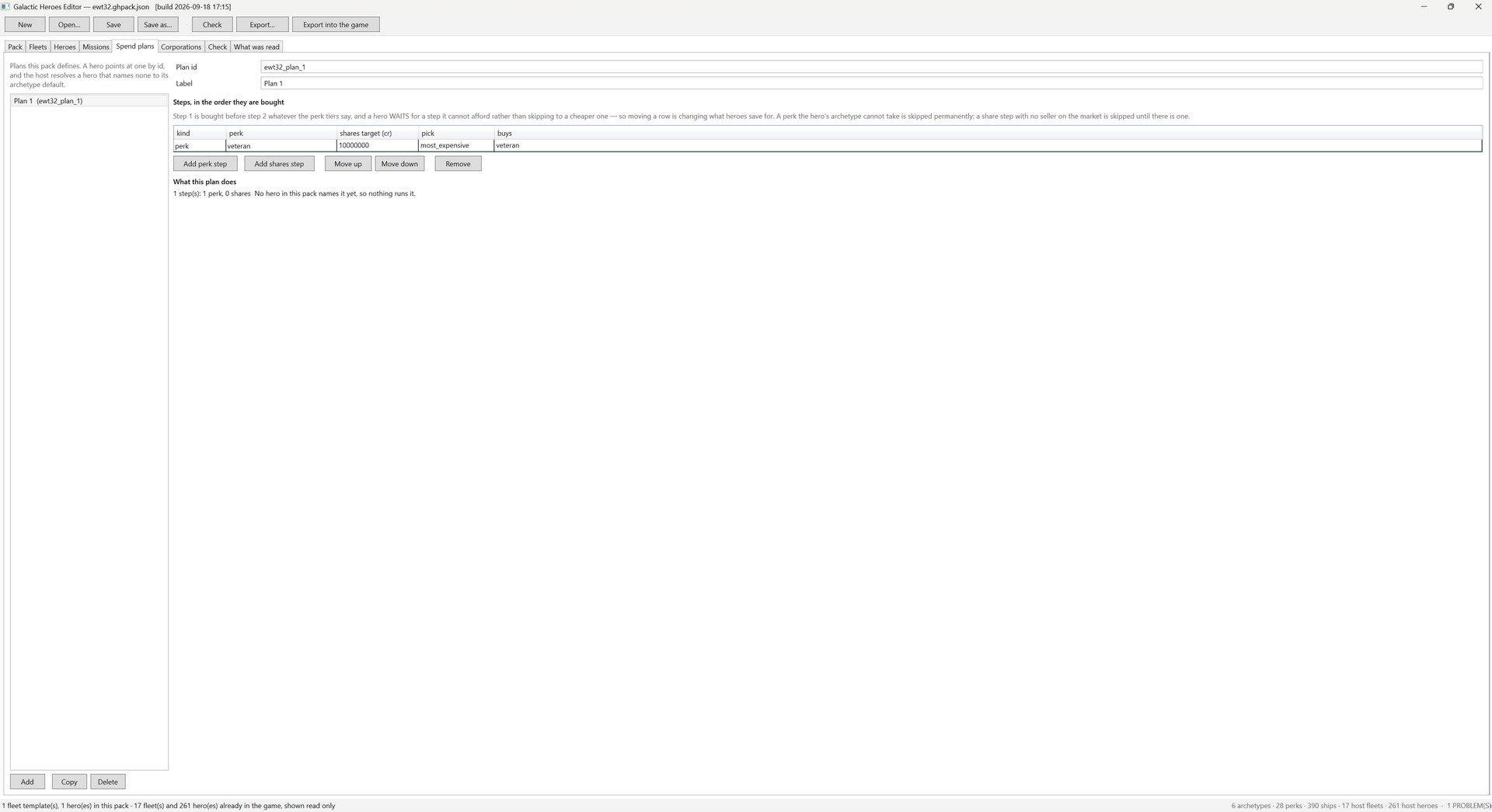 Galactic Heroes Editor, Spend plans tab. A left panel lists "Plan 1 (ewt32_plan_1)" with Add, Copy and Delete buttons. The right pane holds Plan id ewt32_plan_1 and Label "Plan 1", then a table headed "Steps, in the order they are bought" with columns kind, perk, shares target (cr), pick and buys. One perk row is present: veteran, with a 10000000 shares target and "most_expensive" as the pick. Buttons read Add perk step, Add shares step, Move up, Move down and Remove. A "What this plan does" summary reads "1 step(s): 1 perk, 0 shares. No hero in this pack names it yet, so nothing runs it."