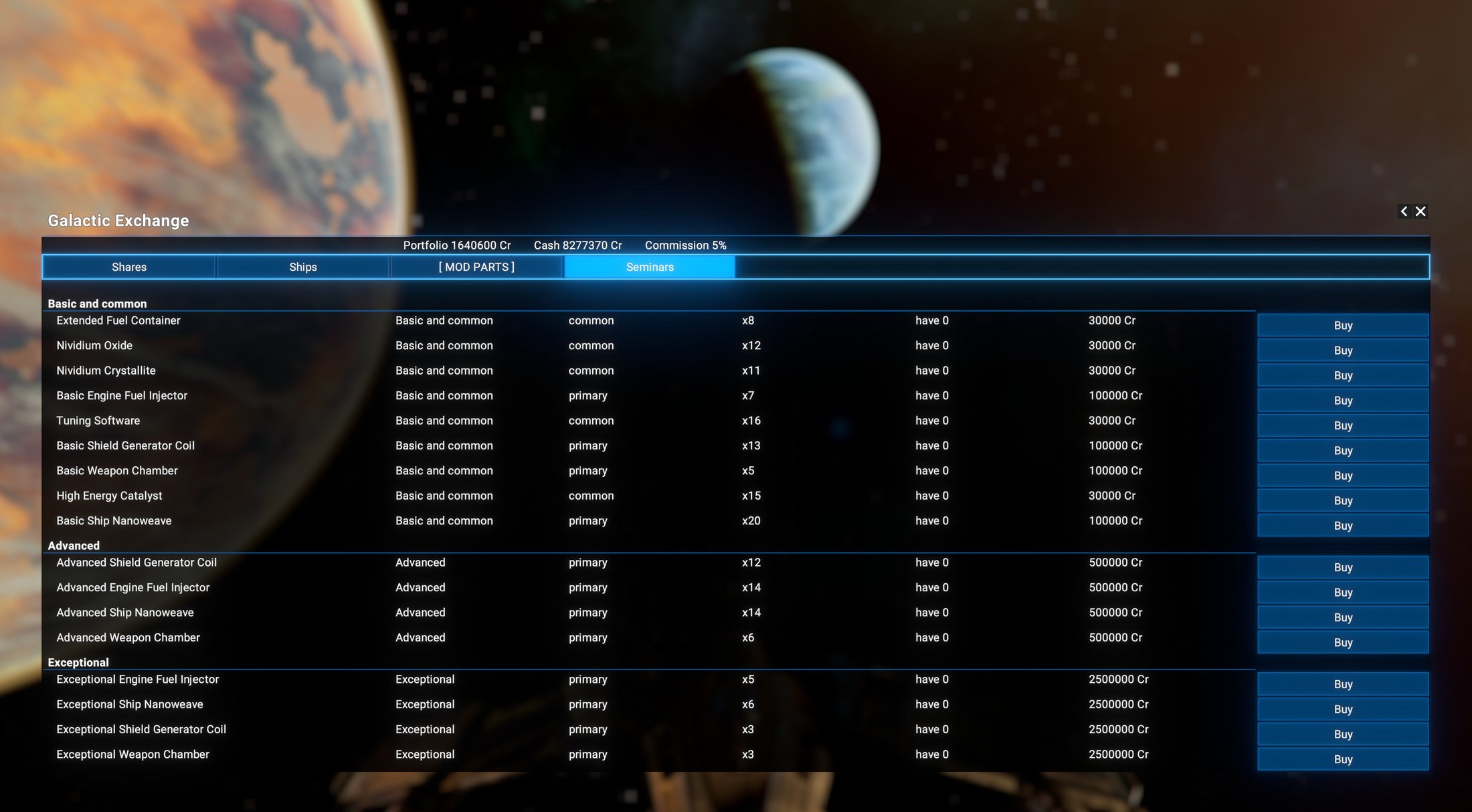 Galactic Exchange, MOD PARTS tab. Rows are grouped into Basic and common, Advanced, and Exceptional. Each row names the part, repeats its tier, says whether it is a primary or common mod, gives the quantity available such as x8 or x20, how many you already have, a price, and a Buy button. Basic and common parts run 30000 Cr for common ones such as Extended Fuel Container, Nividium Oxide and Tuning Software, and 100000 Cr for primary ones such as Basic Engine Fuel Injector and Basic Ship Nanoweave; Advanced primary parts are 500000 Cr; Exceptional primary parts are 2500000 Cr