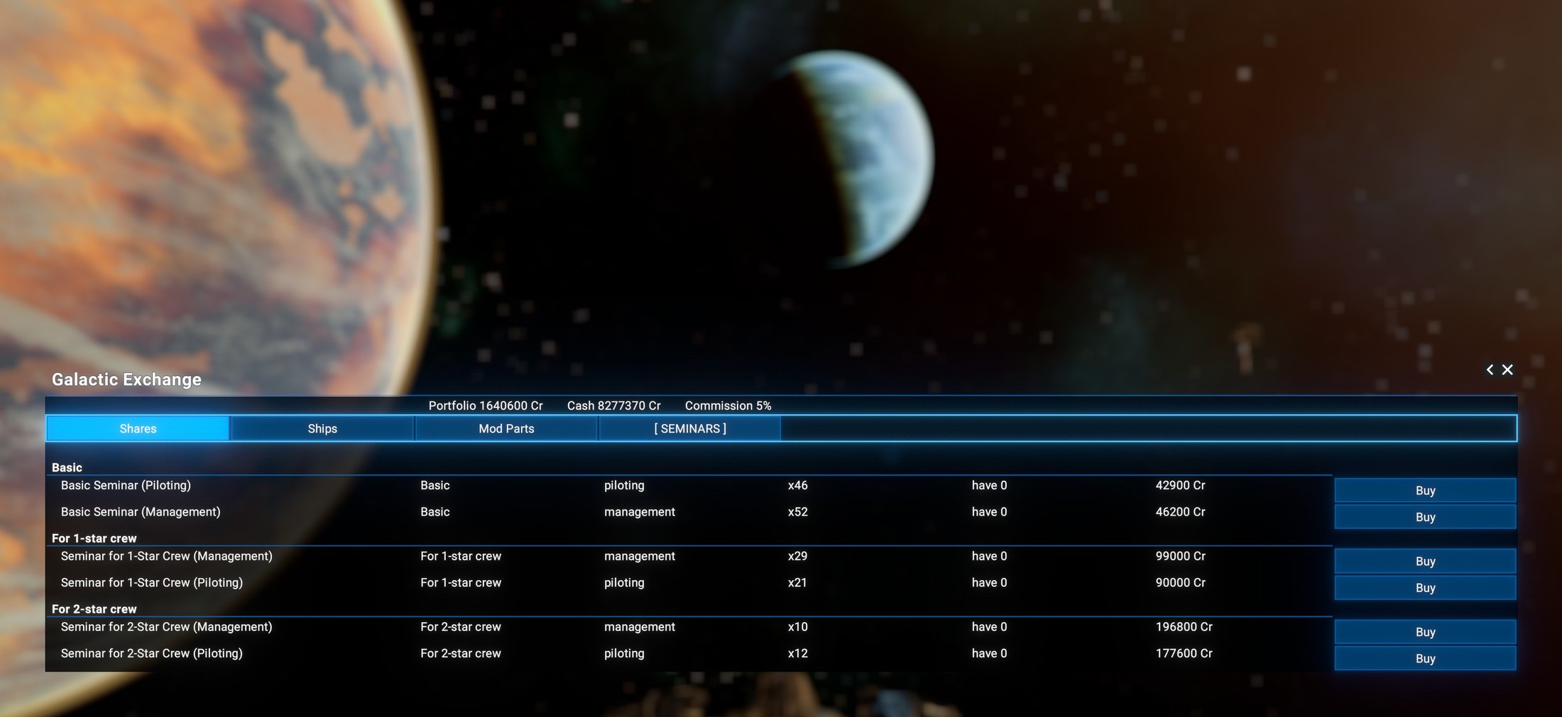Galactic Exchange, SEMINARS tab. Three groups: Basic, For 1-Star crew and For 2-Star crew. Basic Seminar (Piloting) x46 at 42900 Cr and Basic Seminar (Management) x52 at 46200 Cr; Seminar for 1-Star Crew (Management) x29 at 99000 Cr and (Piloting) x21 at 90000 Cr; Seminar for 2-Star Crew (Management) x10 at 196800 Cr and (Piloting) x12 at 177600 Cr. Each row shows the skill it trains, the quantity available, how many you hold, the price and a Buy button