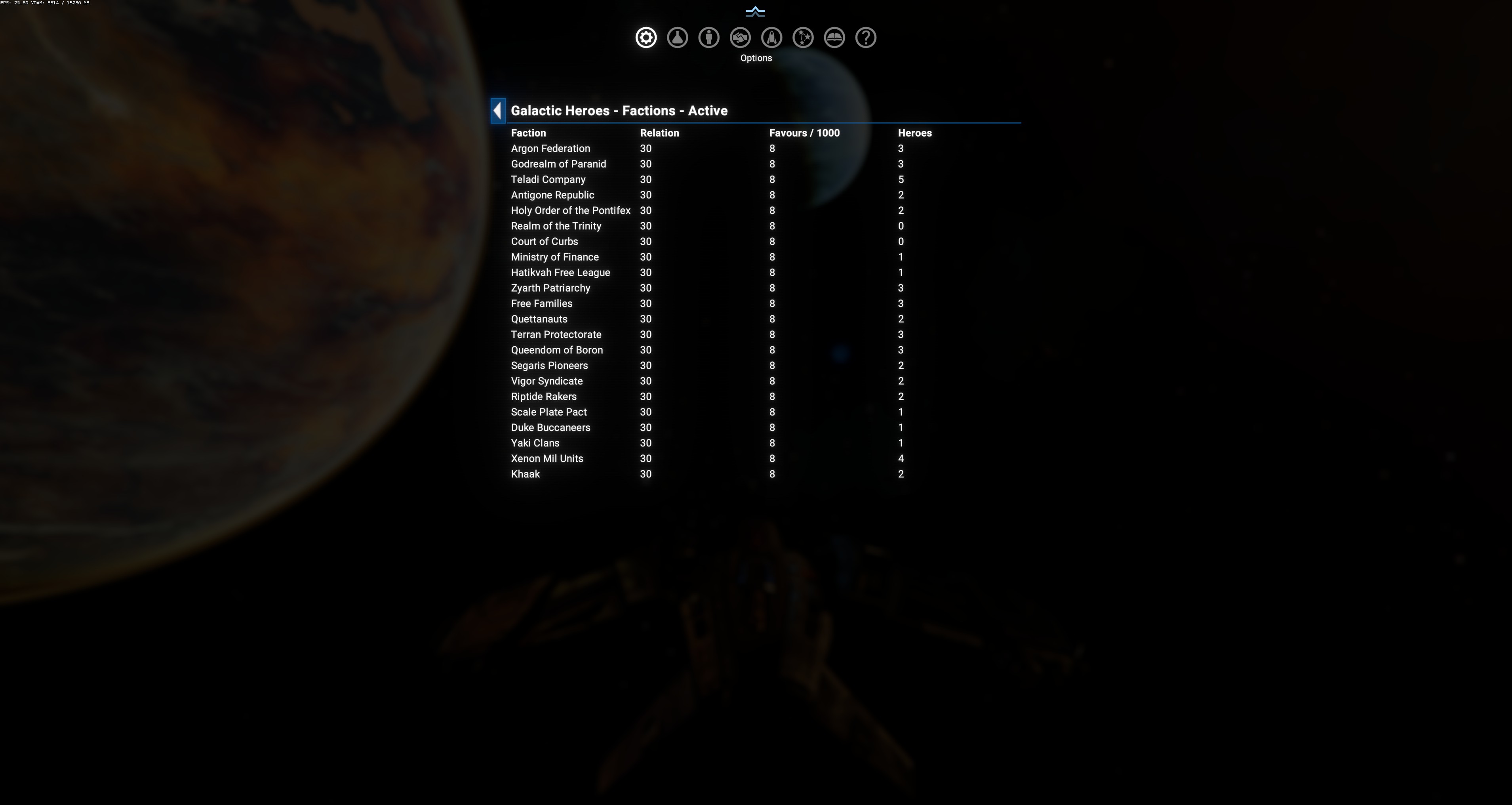 Factions list — Argon Federation (relation 30, favours 8/1000, 3 heroes), Godrealm of Paranid (30, 8, 3), Teladi Company (30, 8, 5), Antigone Republic (30, 8, 2), Holy Order of the Pontifex (30, 8, 2), Realm of the Trinity (30, 8, 0), Court of Curbs (30, 8, 0), Ministry of Finance (30, 8, 1), Hatikvah Free League (30, 8, 1), Zyarth Patriarchy (30, 8, 3), Free Families (30, 8, 3), Quettanauts (30, 8, 2), Terran Protectorate (30, 8, 3), Queendom of Boron (30, 8, 3), Segaris Pioneers (30, 8, 2), Vigor Syndicate (30, 8, 2), Riptide Rakers (30, 8, 2), Scale Plate Pact (30, 8, 1), Duke Buccaneers (30, 8, 1), Yaki Clans (30, 8, 1), Xenon Mil Units (30, 8, 4), Khaak (30, 8, 2)