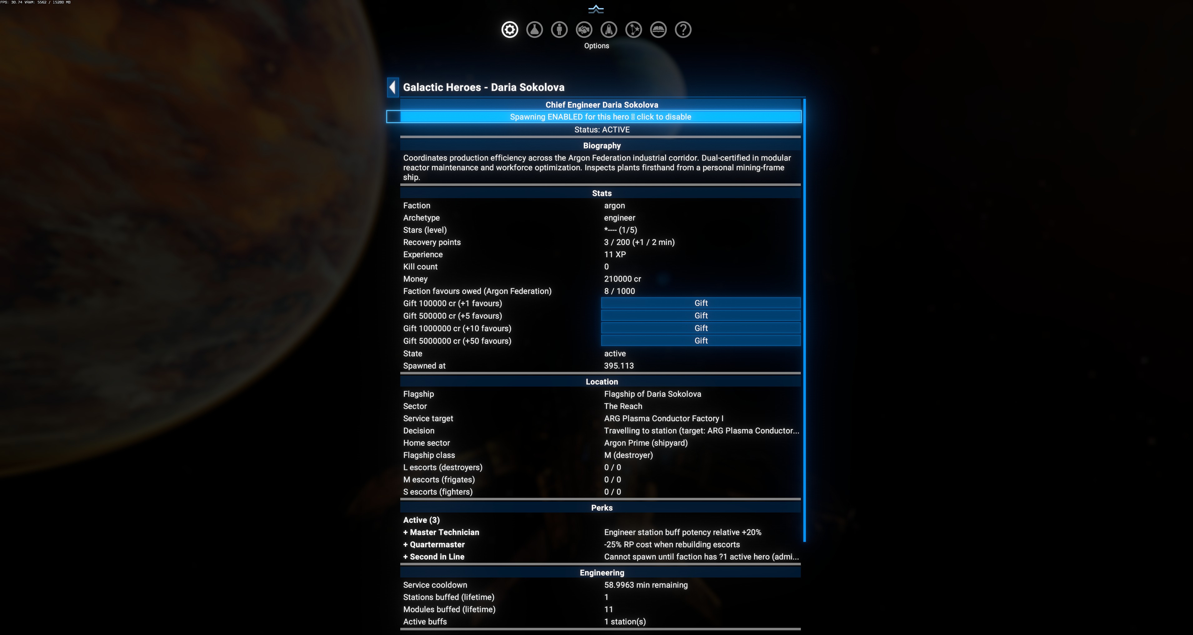 Chief Engineer Daria Sokolova — Argon Federation, engineer archetype, ★★★★ ★★ (2/5), 11 XP, 0 kills, 210 000 cr, biography "Coordinates production efficiency across the Argon Federation industrial corridor". Flagship "Flagship of Daria Sokolova" M destroyer in The Reach sector, service target ARG Plasma Conductor Factory I, decision = Travelling to station. Perks Master Technician + Quartermaster + Second in Line. Engineering panel shows service cooldown 58.9963 min remaining, stations buffed lifetime = 1, modules buffed = 11, active buffs on ARG Medical Supply Factory I / The Reach: +24% for 358.996 min, 11 modules × 54912 m^3/h = 3 733 200 cr value injected