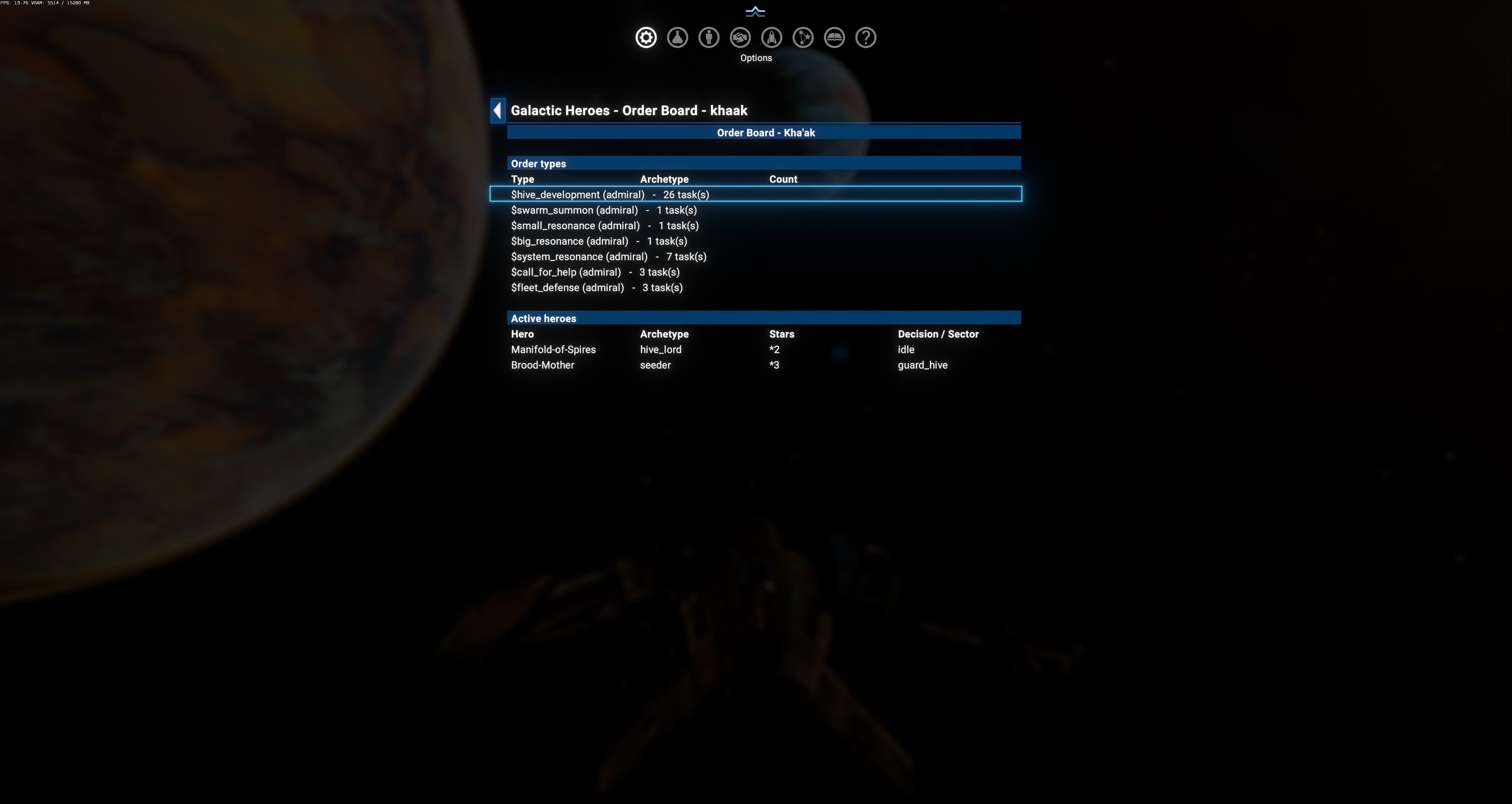 Kha'ak Order Board — no coordinator or raider tasks; admiral-type order types: $hive_development 26 tasks, $swarm_summon 1 task, $small_resonance 1 task, $big_resonance 1 task, $system_resonance 7 tasks, $call_for_help 3 tasks, $fleet_defense 3 tasks. Active heroes: Manifold-of-Spires (hive_lord ★★, idle) and Brood-Mother (seeder ★★★, guard_hive)
