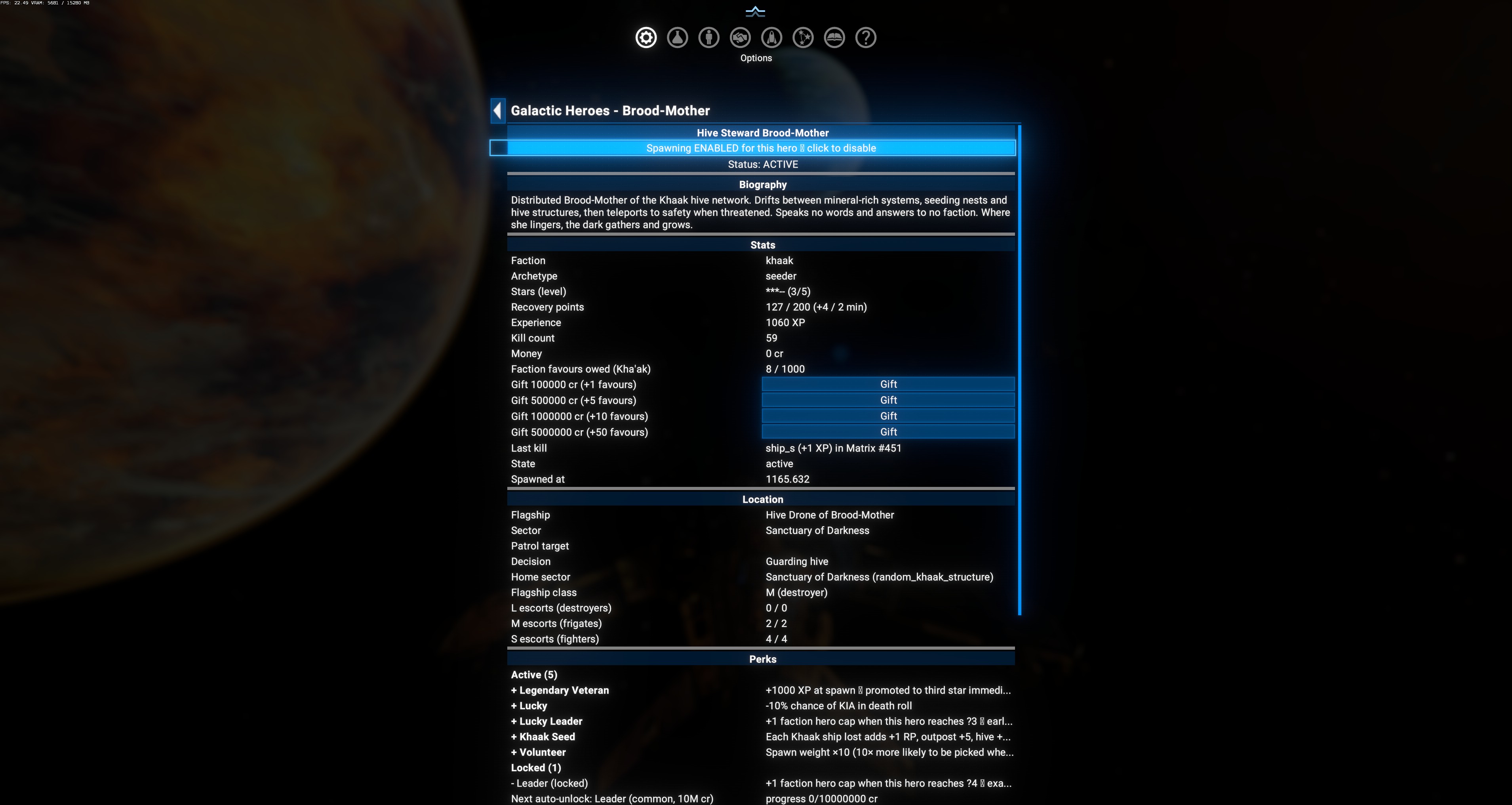 Brood-Mother — Distributed Brood-Mother of the Kha'ak hive network. Drifts between mineral-rich systems, seeding nests and hive structures, then teleports to safety when threatened. ★★★ (3/5), 1060 XP, 59 kills, last kill ship_s (+1 XP) in Matrix #451. Flagship "Hive Drone of Brood-Mother" in Sanctuary of Darkness, decision = Guarding hive. Escorts 2 M / 4 S filled. Perks: Legendary Veteran / Lucky / Lucky Leader / Khaak Seed / Volunteer