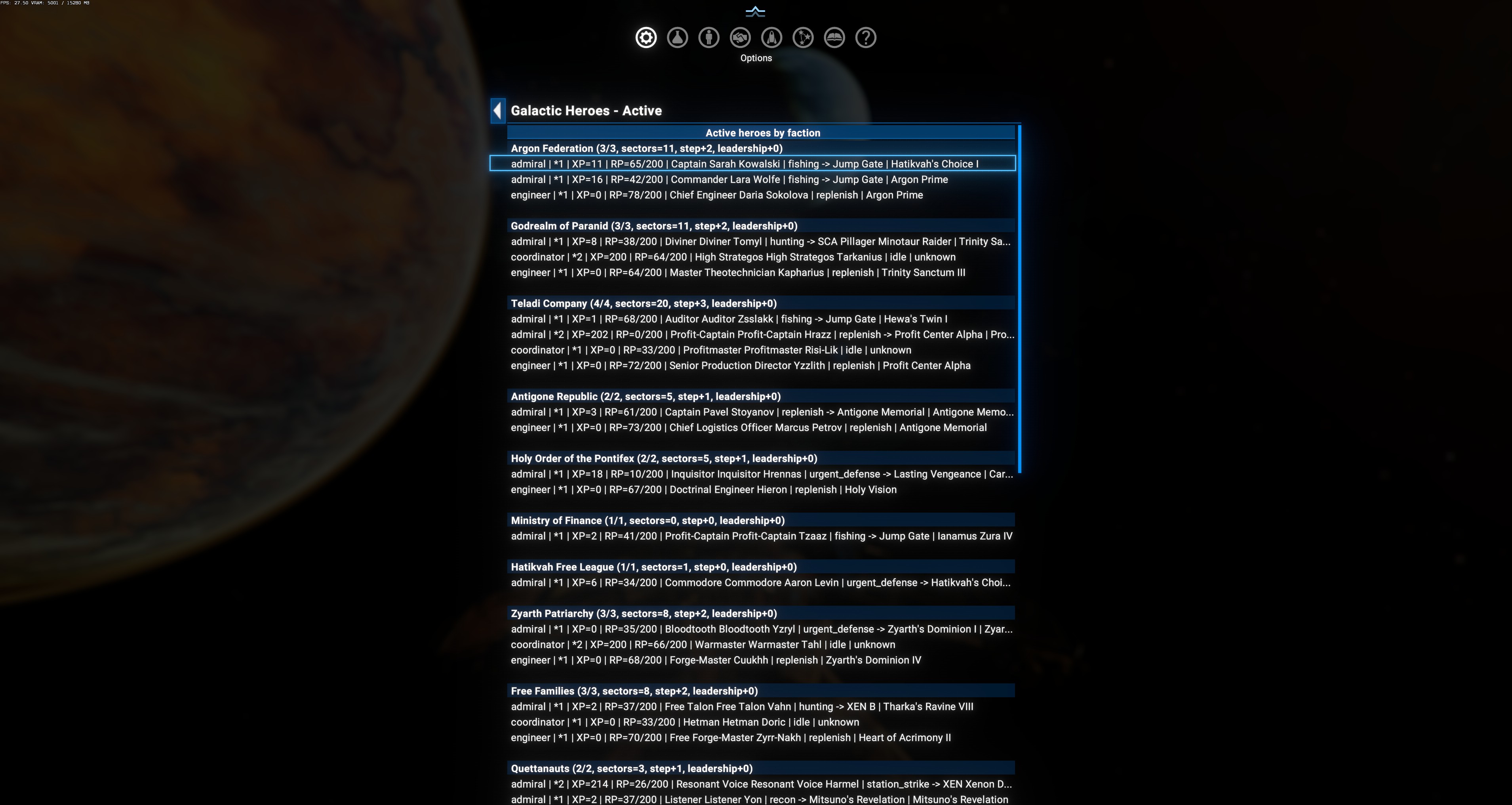 Active heroes by faction — Argon Federation, Godrealm of Paranid, Teladi Company, Antigone Republic, Holy Order of the Pontifex, Ministry of Finance, Hatikvah Free League, Zyarth Patriarchy, Free Families, Quettanauts each showing living admirals/coordinators/engineers with star rank, XP, RP, current decision, sector