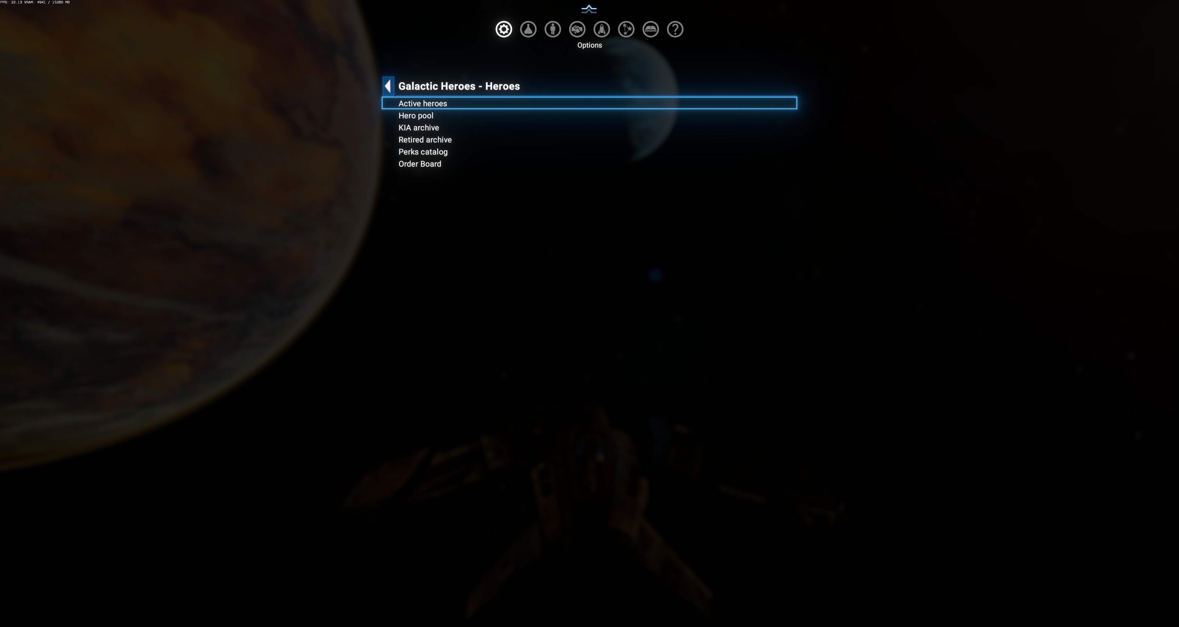 Galactic Heroes top-level menu — Active heroes / Hero pool / KIA archive / Retired archive / Perks catalog / Order Board