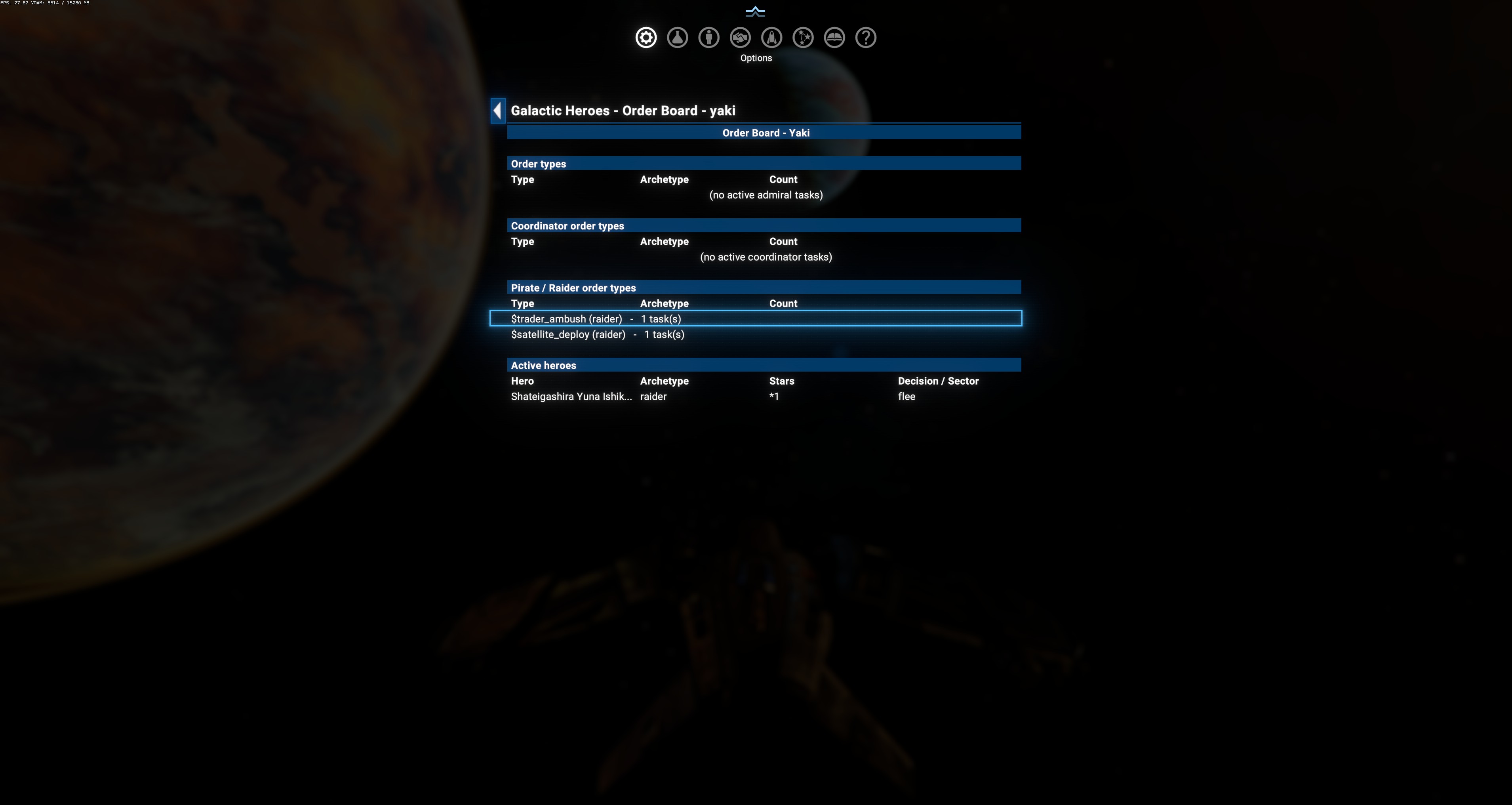 Yaki Order Board detail — no admiral tasks, no coordinator tasks; Pirate / Raider order types: $trader_ambush 1 task, $satellite_deploy 1 task. Active heroes: Shateigashira Yuna Ishikawa, raider archetype, ★, decision = flee. The Yaki are a small pirate faction; a single raider is enough to work their board
