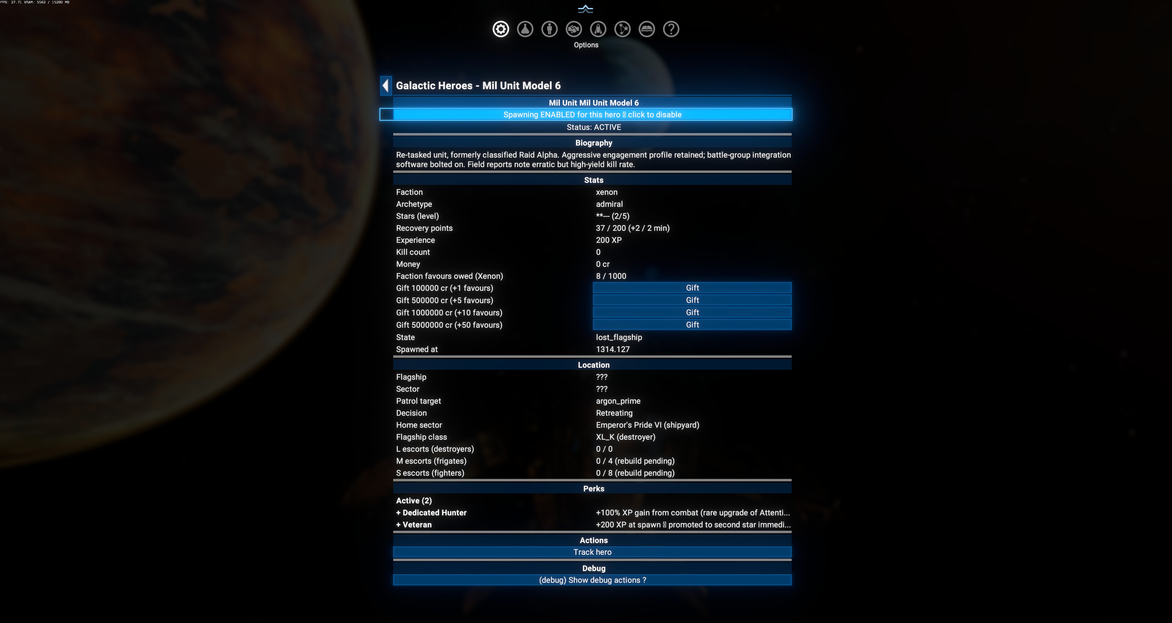 Xenon Mil Unit Model 6 — admiral ★★, state = lost_flagship, decision = Retreating; flagship XL_K destroyed; escorts show "0 / 4 (rebuild pending)" for M-class and "0 / 8 (rebuild pending)" for S-class; RP=37/200 rebuilding at +2/2 min