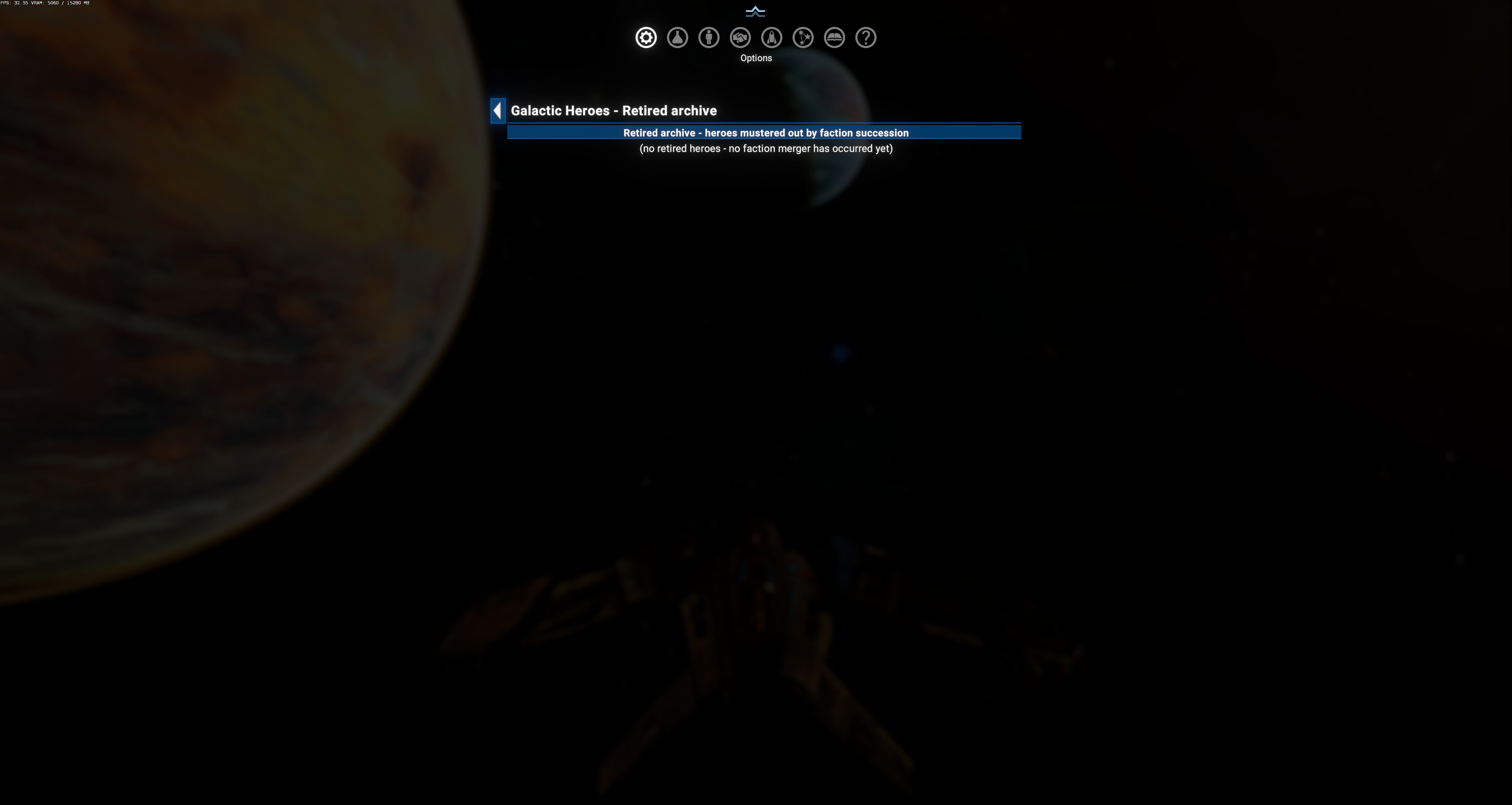 Retired archive UI — "no retired heroes — no faction merger has occurred yet". Retired heroes are NOT dead; they leave the active roster when their faction is dissolved or absorbed. Separate from the KIA archive