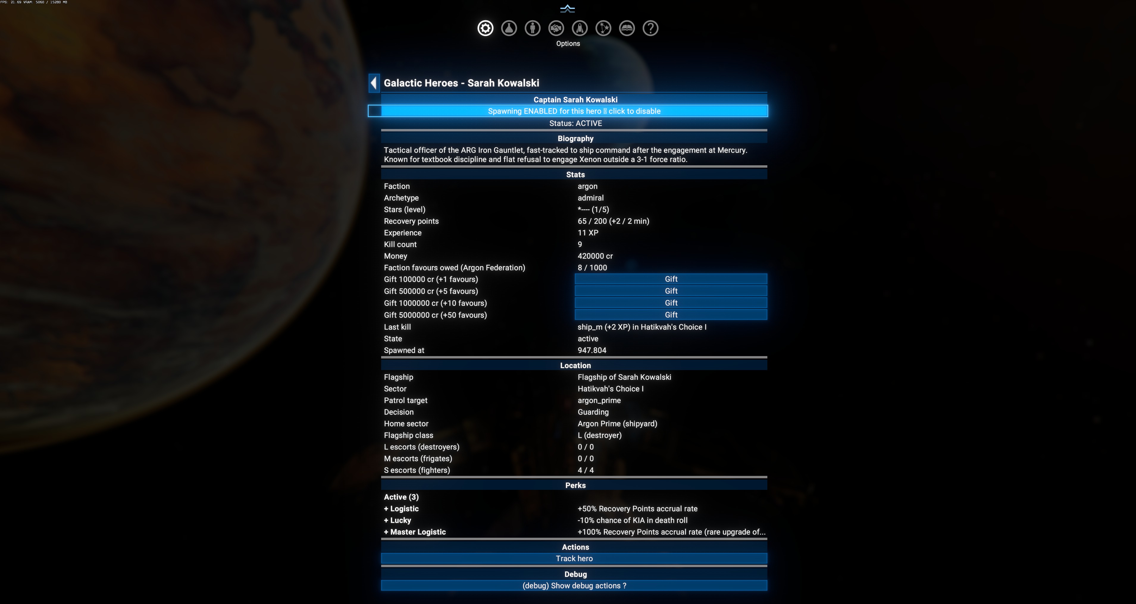 Captain Sarah Kowalski detail page — Recovery points 65 / 200 (+2 / 2 min), 4/4 S escorts filled, active perks Logistic (+50% RP accrual) and Master Logistic (+100% RP accrual)