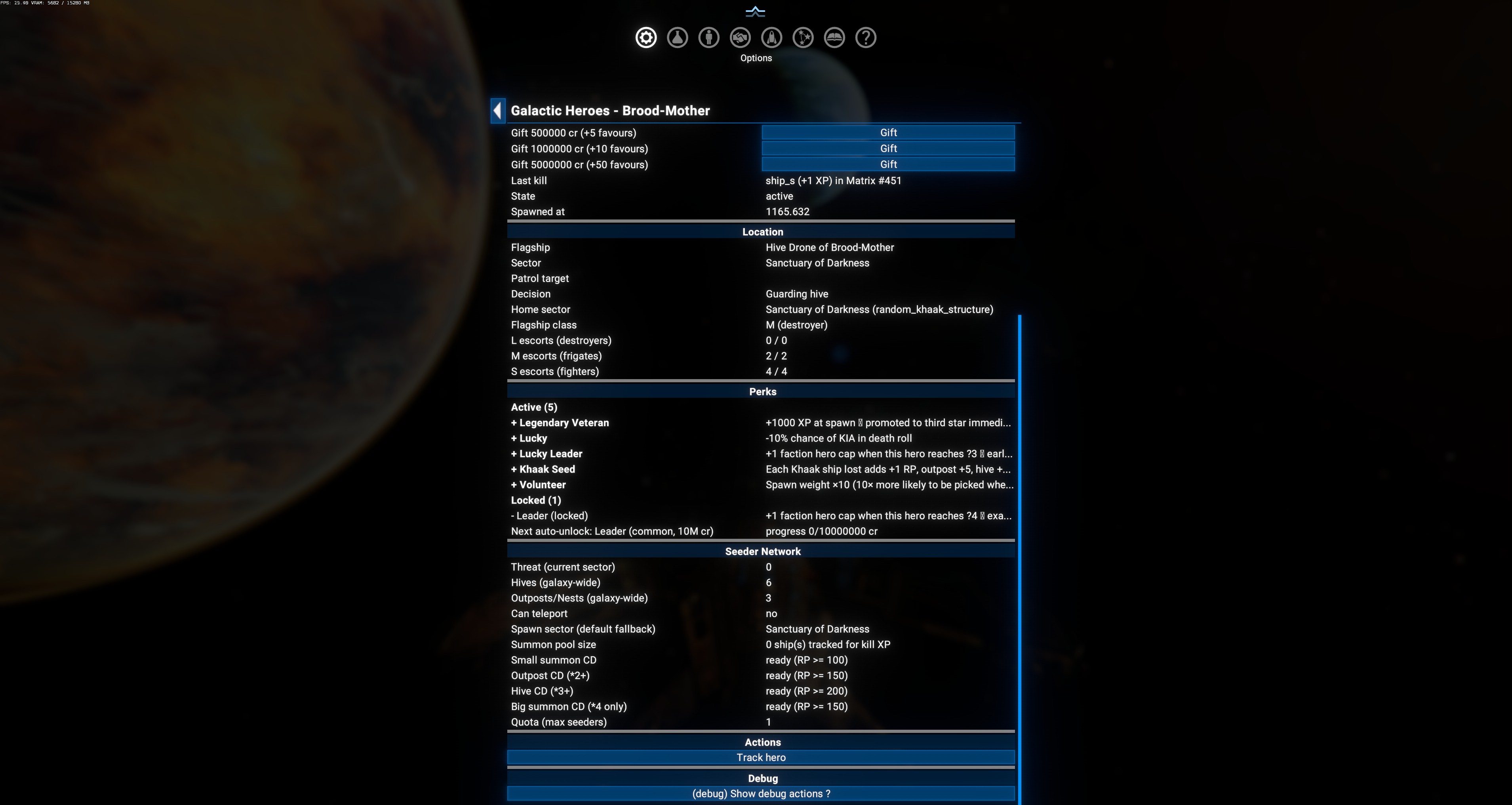 Brood-Mother Seeder Network detail — Threat (current sector) 0, Hives (galaxy-wide) 6, Outposts/Nests (galaxy-wide) 3, Can teleport = no, Spawn sector default fallback = Sanctuary of Darkness, Summon pool size 0 ship(s) tracked for kill XP, Small summon CD ready (RP >= 100), Outpost CD (*2+) ready (RP >= 150), Hive CD (*3+) ready (RP >= 200), Big summon CD (*4 only) ready (RP >= 150), Quota (max seeders) 1