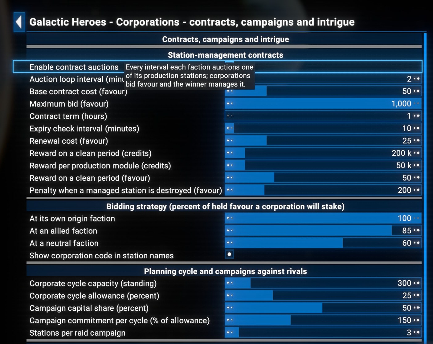 Corporations settings - contracts, campaigns and intrigue. Station-management contracts section with Enable contract auctions toggle, Auction loop interval, Base contract cost, Maximum bid, Contract term, Expiry check interval, Renewal cost, Reward on a clean period, Reward per production module, Penalty when a managed station is destroyed. Bidding strategy section with At its own origin faction 100, At an allied faction 85, At a neutral faction 60, Show corporation code in station names. Planning cycle and campaigns against rivals section with corporate cycle capacity 300, allowance 25 percent, campaign capital share 50, campaign commitment per cycle 150, stations per raid campaign 3