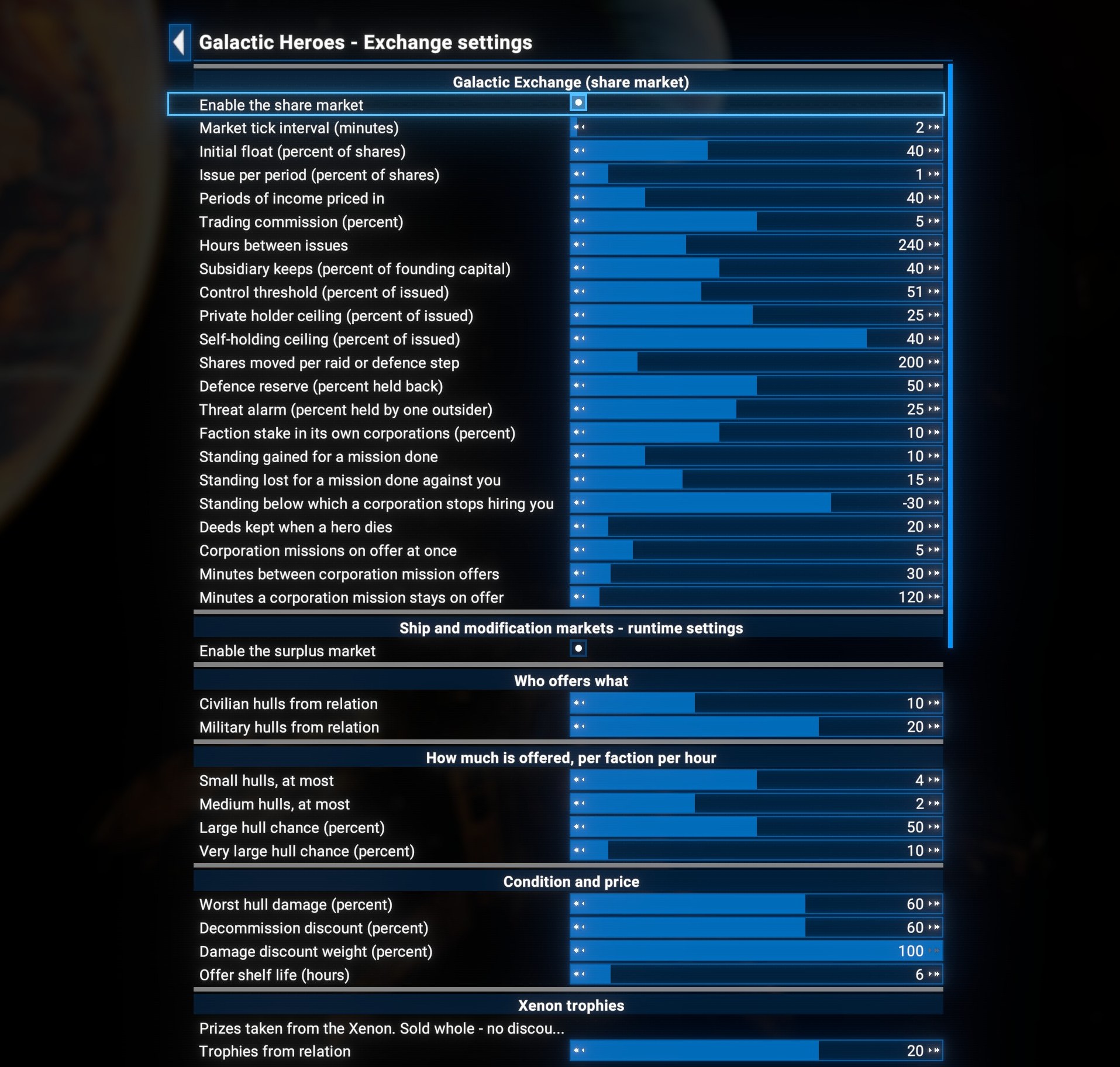 Galactic Heroes - Exchange settings. A Galactic Exchange (share market) section listing every constant this page describes as its own row with a live value: market tick interval, initial float, issue per period, periods of income priced in, trading commission, hours between issues, subsidiary keeps (percent of founding capital), control threshold, private holder ceiling, self-holding ceiling, shares moved per raid or defence step, defence reserve, threat alarm, faction stake in its own corporations, the three corporation-mission standing values, deeds kept when a hero dies, and the three corporation-mission board settings. Below it a Ship and modification markets section begins with Enable the surplus market, then Who offers what (civilian and military hulls by relation), How much is offered per faction per hour (small and medium hull counts, large and very large hull chances), Condition and price (worst hull damage, decommission discount, damage discount weight, offer shelf life) and a Xenon trophies group