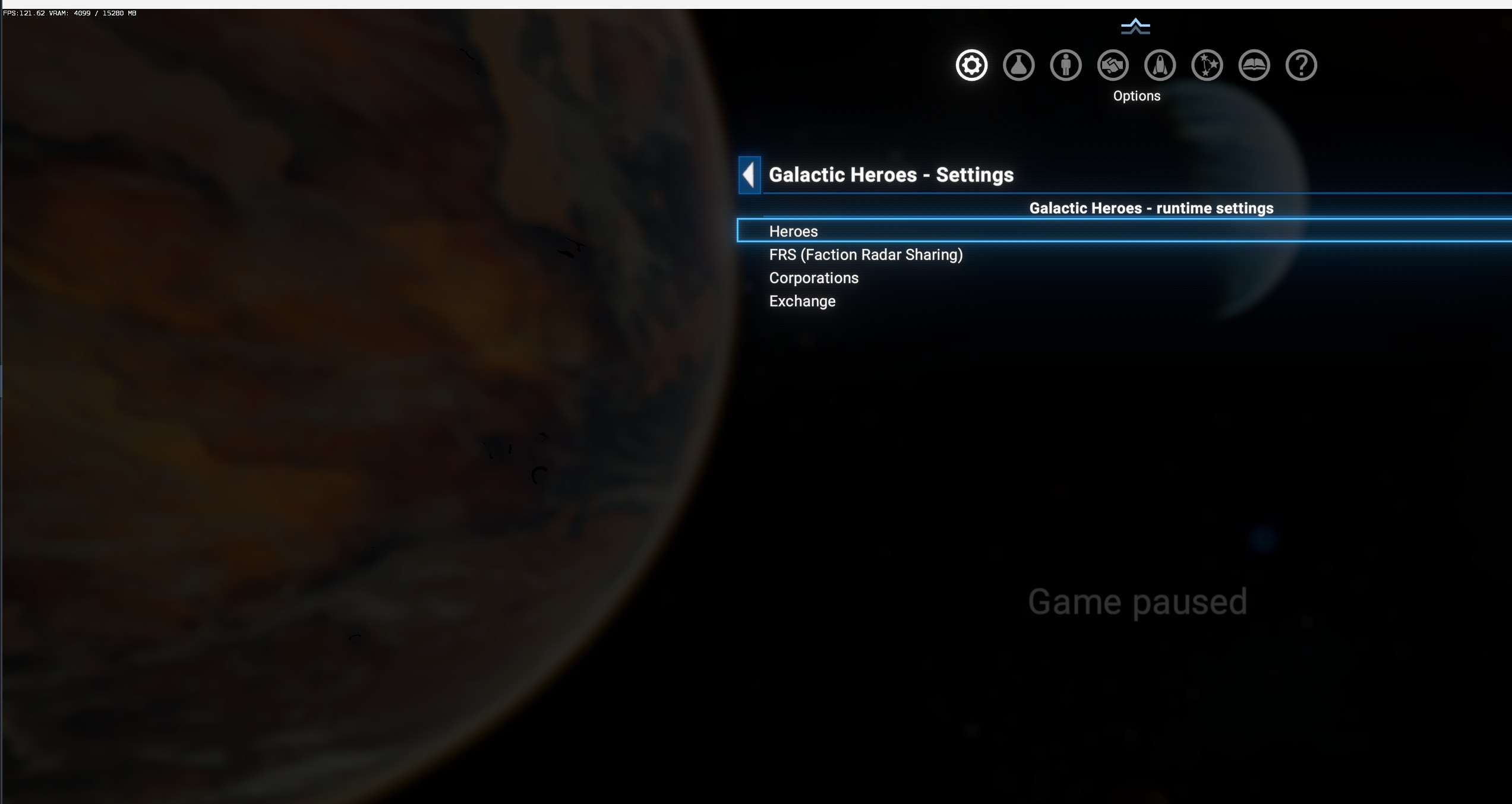 Galactic Heroes - Settings, headed "Galactic Heroes - runtime settings", listing four sections: Heroes, FRS (Faction Radar Sharing), Corporations, Exchange